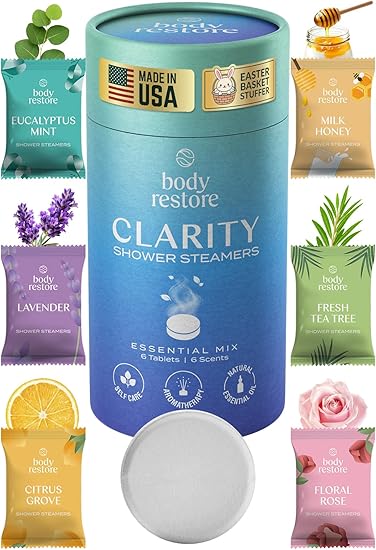 Body Restore Shower Steamers Aromatherapy 6 Pack – Easter Basket Stuffers, Easter & Birthday Gifts for for Men, Women, Girls & Boys, Stress Relief, Relaxation, Self Care – Clarity