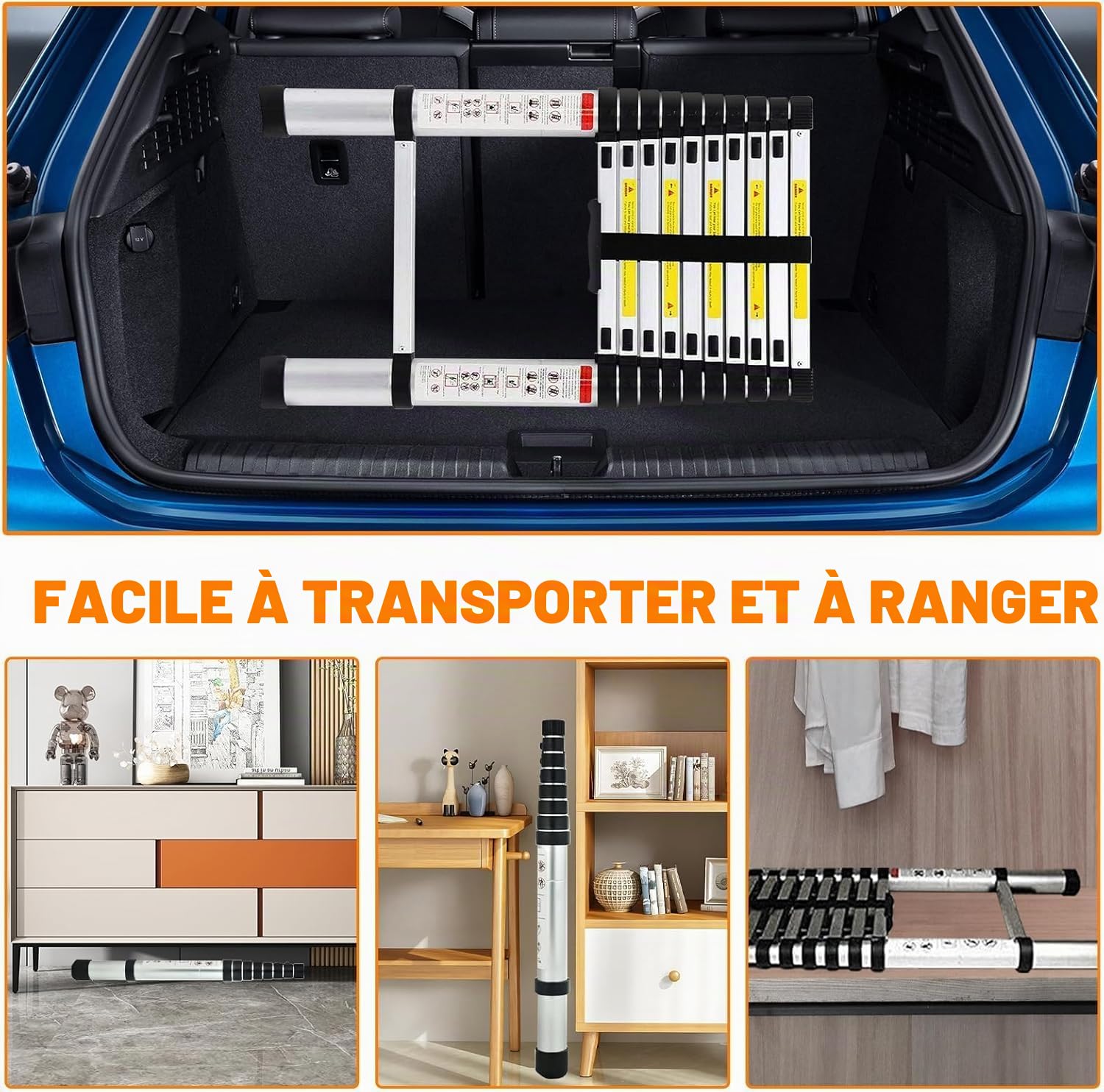 Échelle télescopique de 5 m en aluminium avec pieds antidérapants, légère et pliable, capacité de 150 kg