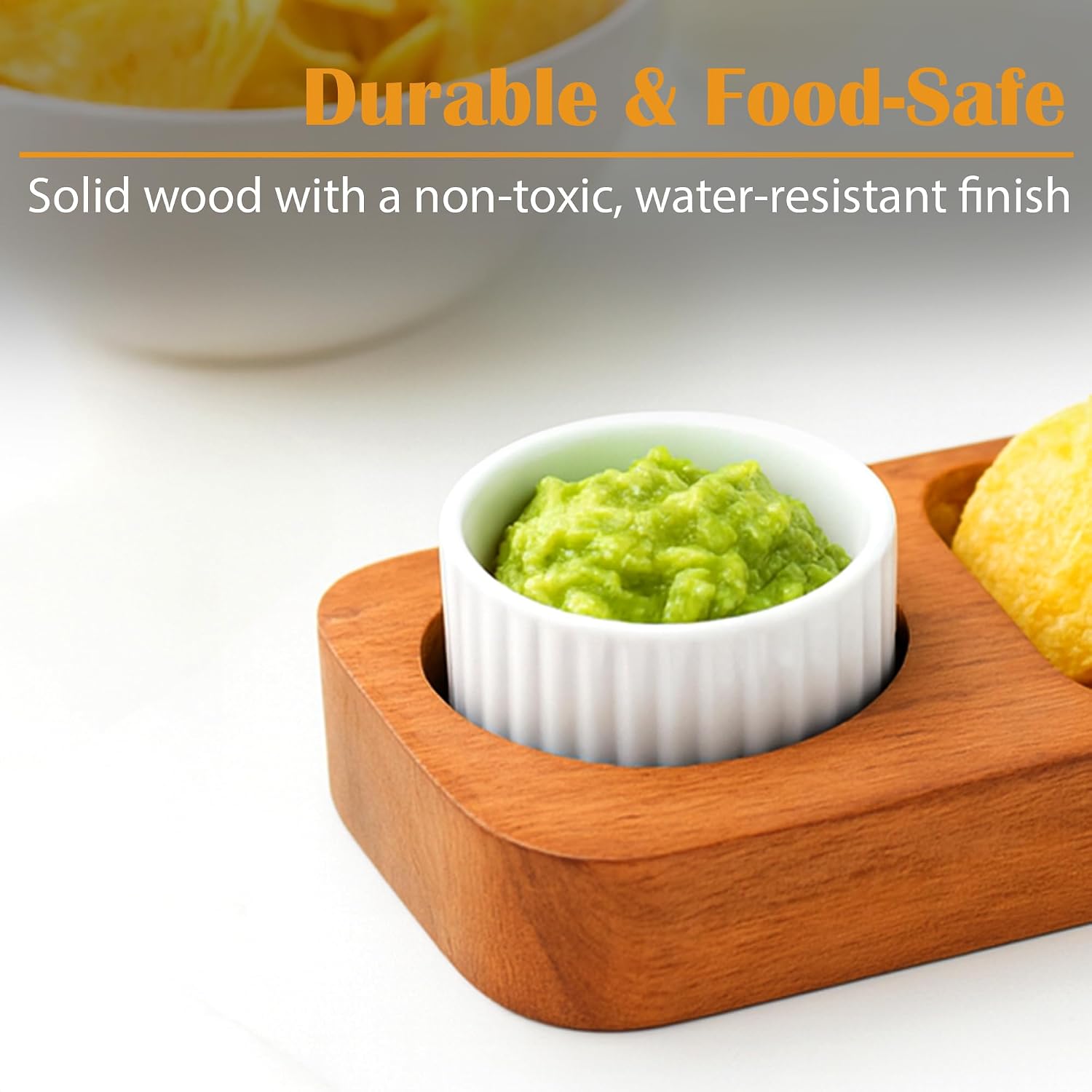 GoCraft Acacia Wood Partition Serving Platter – 12 x 4 Inch – with Ceramic Dip Bowl | Rustic Wooden Snack Tray with Sectioned Compartments for Chips, Nachos, Cheese, Fruits, Appetizer | Natural Finish