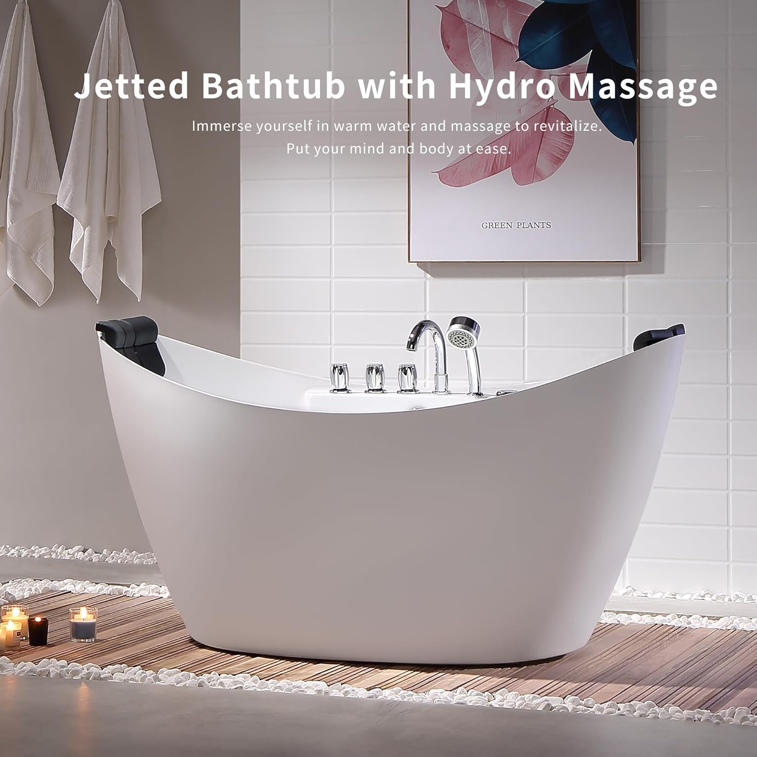 Person using the handheld showerhead while relaxing in the Empava 59-inch whirlpool tub.