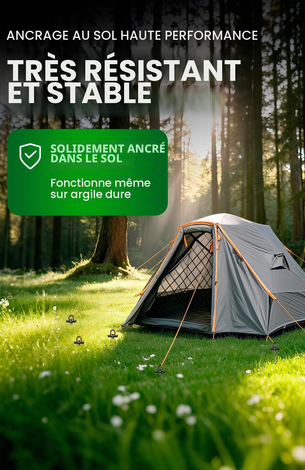 Piquets 40 cm 4 pièces avec Sangles, Double Fixation pour ancrages au Sol