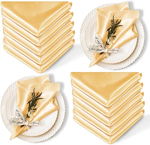 Paquete de 12 servilletas de satén de 17 x 17 pulgadas, servilletas de boda sedosas doradas lavables, juego de servilletas de lujo para mesa de