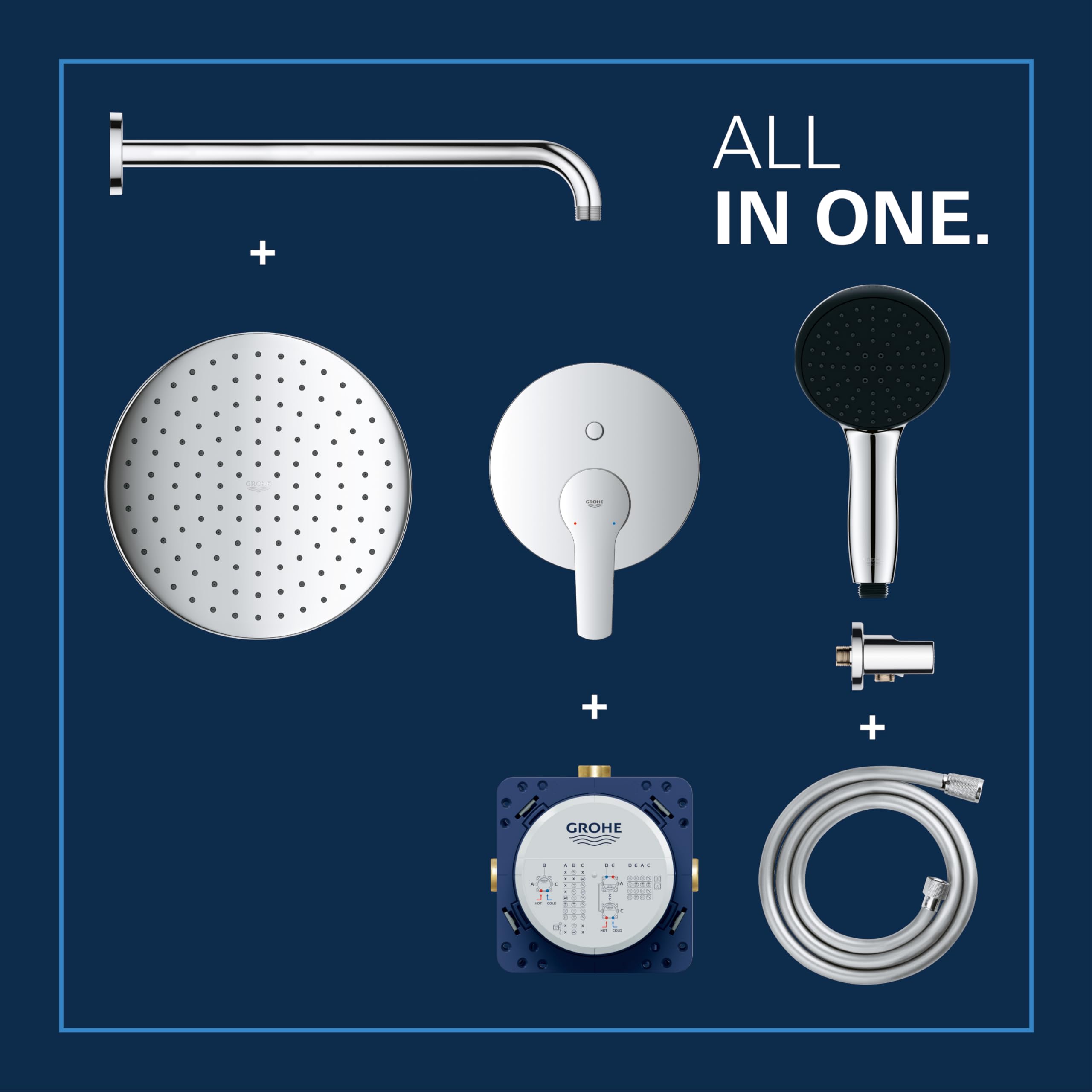 GROHE Start 250 – system prysznicowy (250 mm głowica prysznicowa z 1 rodzajem strumienia, 2 strumienie, uniwersalne pudełko do zabudowy, wąż prysznicowy 150 cm), okrągły, chrom, 25292000