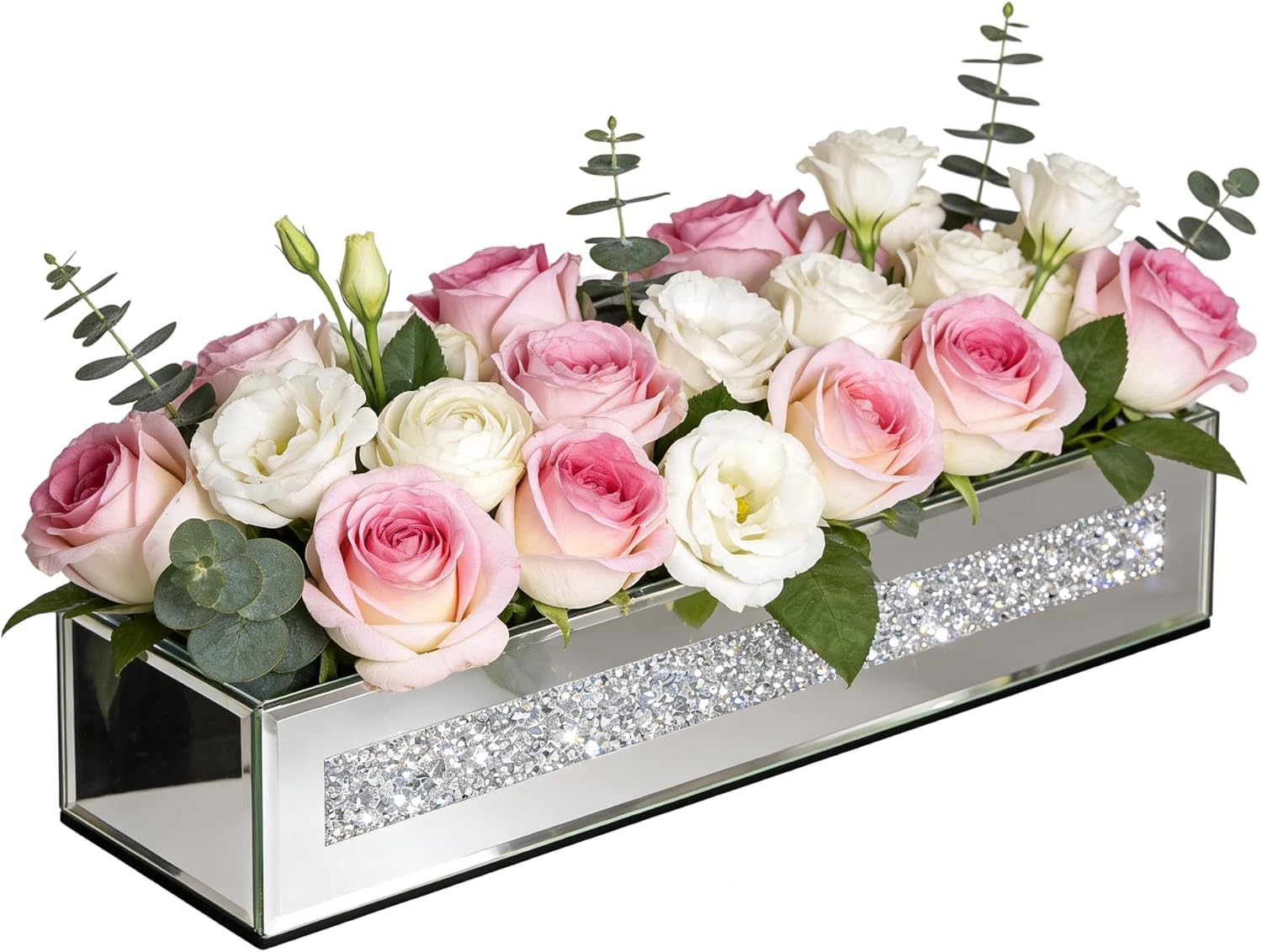 Flower Vase Rectangular Crushed Diamond Mirrored Vases for Centerpiece, Luxury Flower Arrangement for Home Wedding Dining Table Decor, Silver
