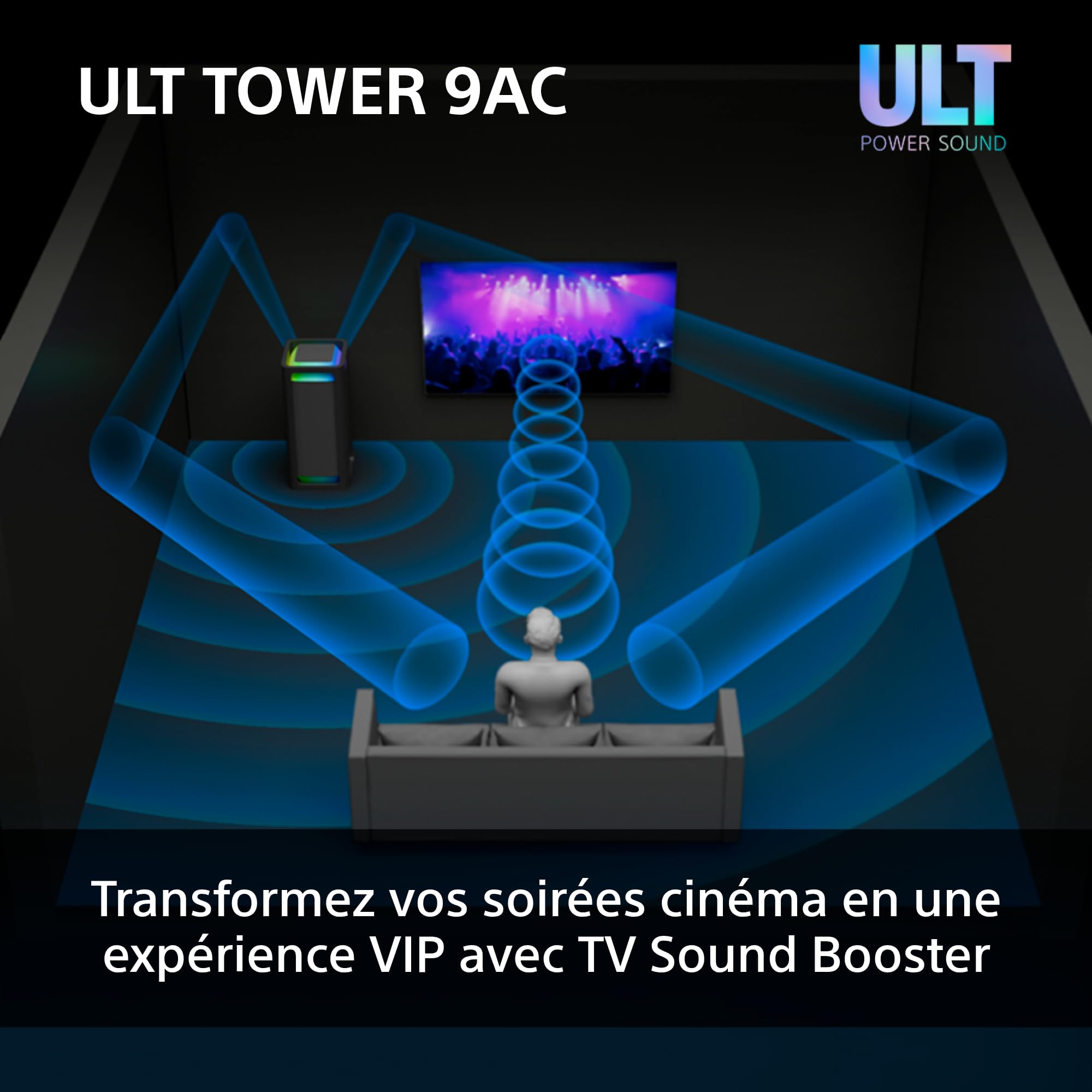 Sony ULT Tower 9AC - Enceinte Bluetooth Party Box Ultimate, Alimentation Secteur, 2 Modes ULT Power Sound, X-Balanced Speaker, 360° Lighting & Sound, entrées pour Karaoke - Noir