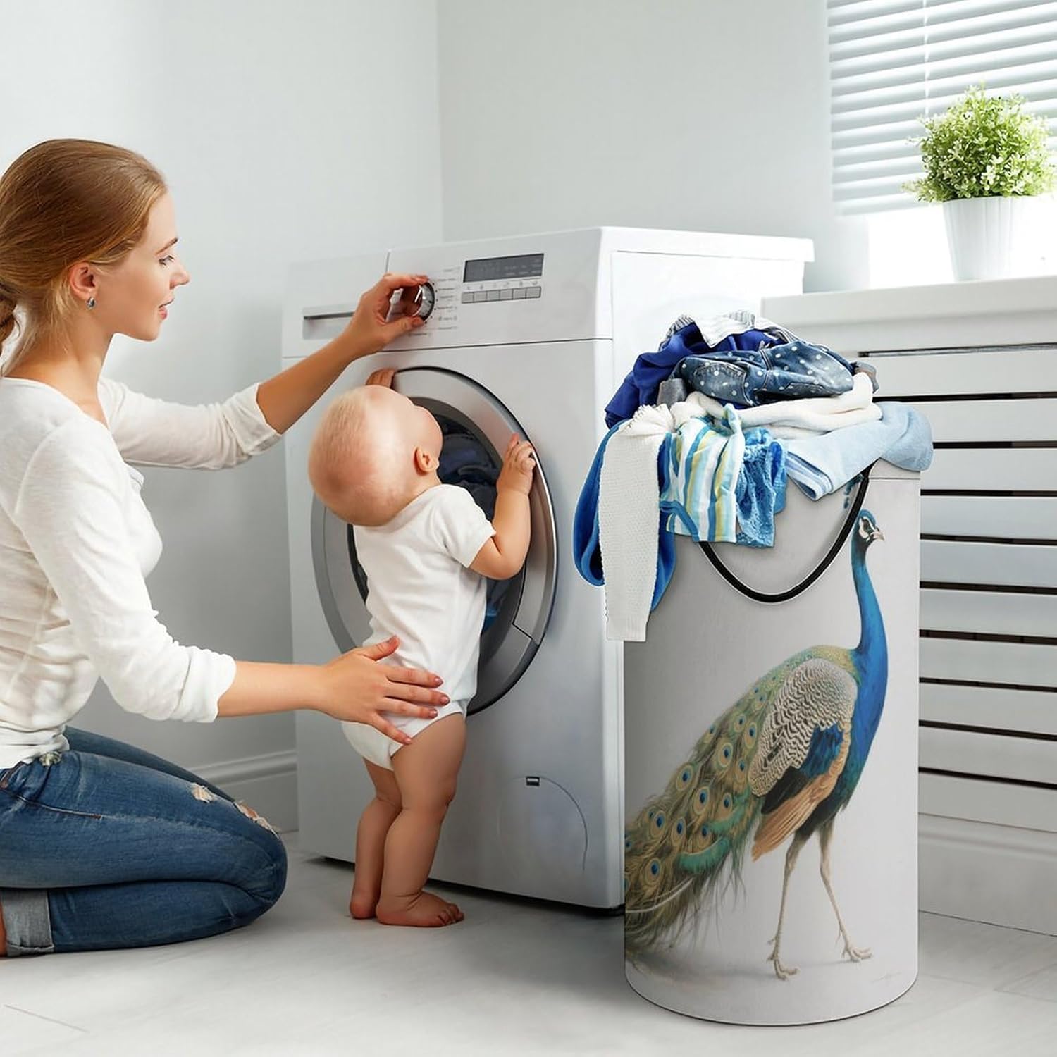 Green Peacock Laundry Hamper Fashion Dirty Laundry Hamper Portable Laundry Hampers with Handles Lightweight Large Clothes Storage Basket for Bedroom Bathroom