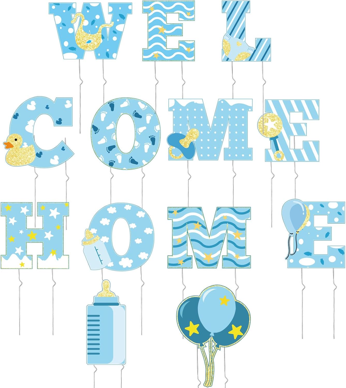 13 Pcs Welcome Home Baby Boy Sign with Stakes for Baby Shower Decorations, Baby Shower Yard Sign for Gender Reveal Newborn Announcement Party Decorations