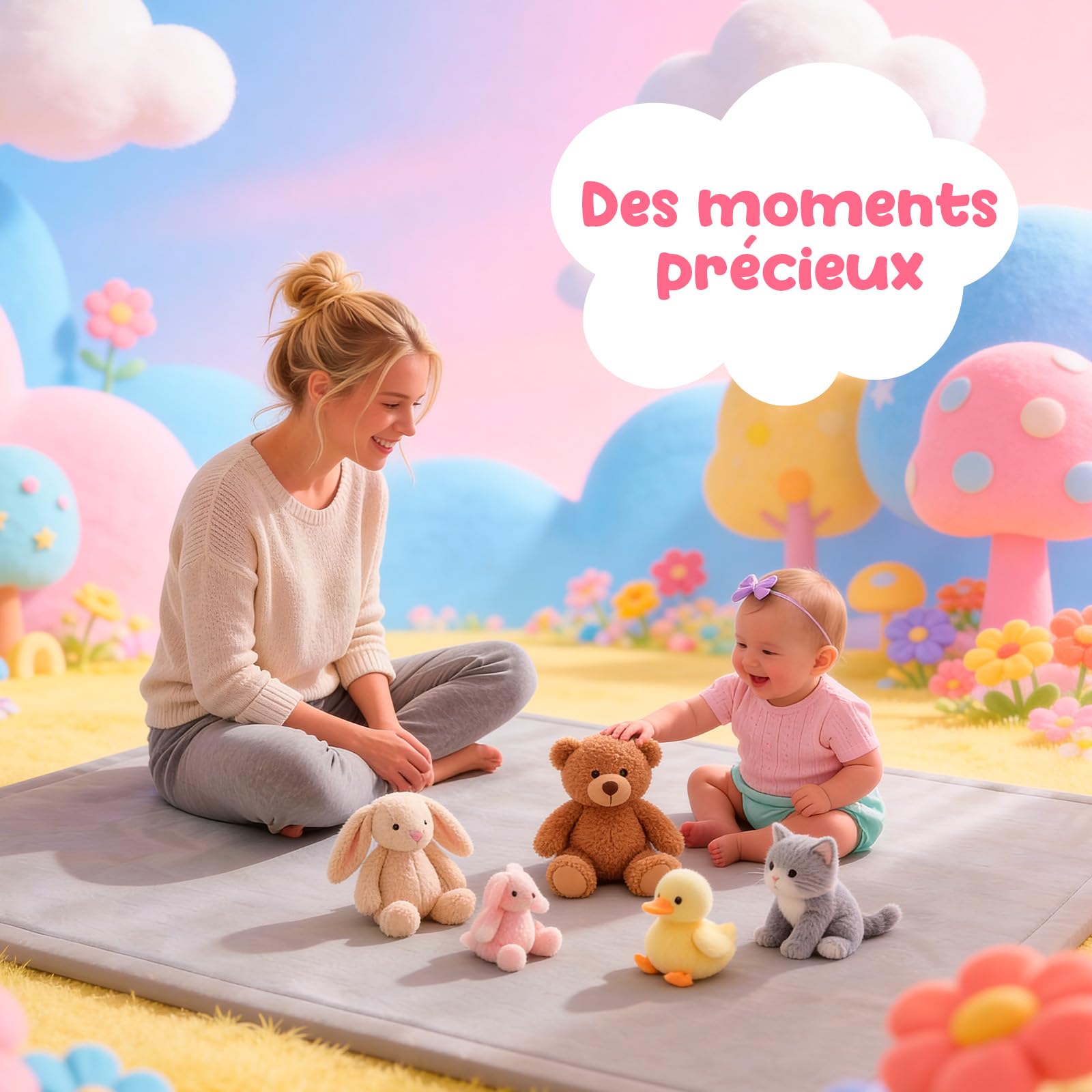 Tapis de Jeu Bébé 150x150 cm – Tapis Bébé Épais 3 cm Mousse à Mémoire de Forme – Non Toxique – Grand Tapis d’Éveil et de Motricité – Antidérapant, Doux et Confortable - Avec Maman