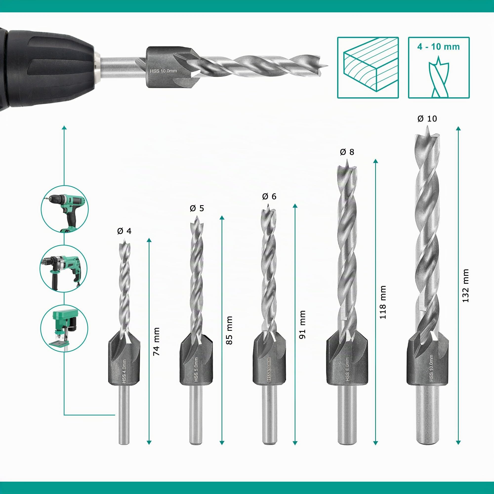 ENT 26515 5-tlg. HSS-G Bohrer-Versenker-Set 4 5 6 8 10 mm - geschliffener HSS-Holzsprialbohrer - im Kunststoffkoffer