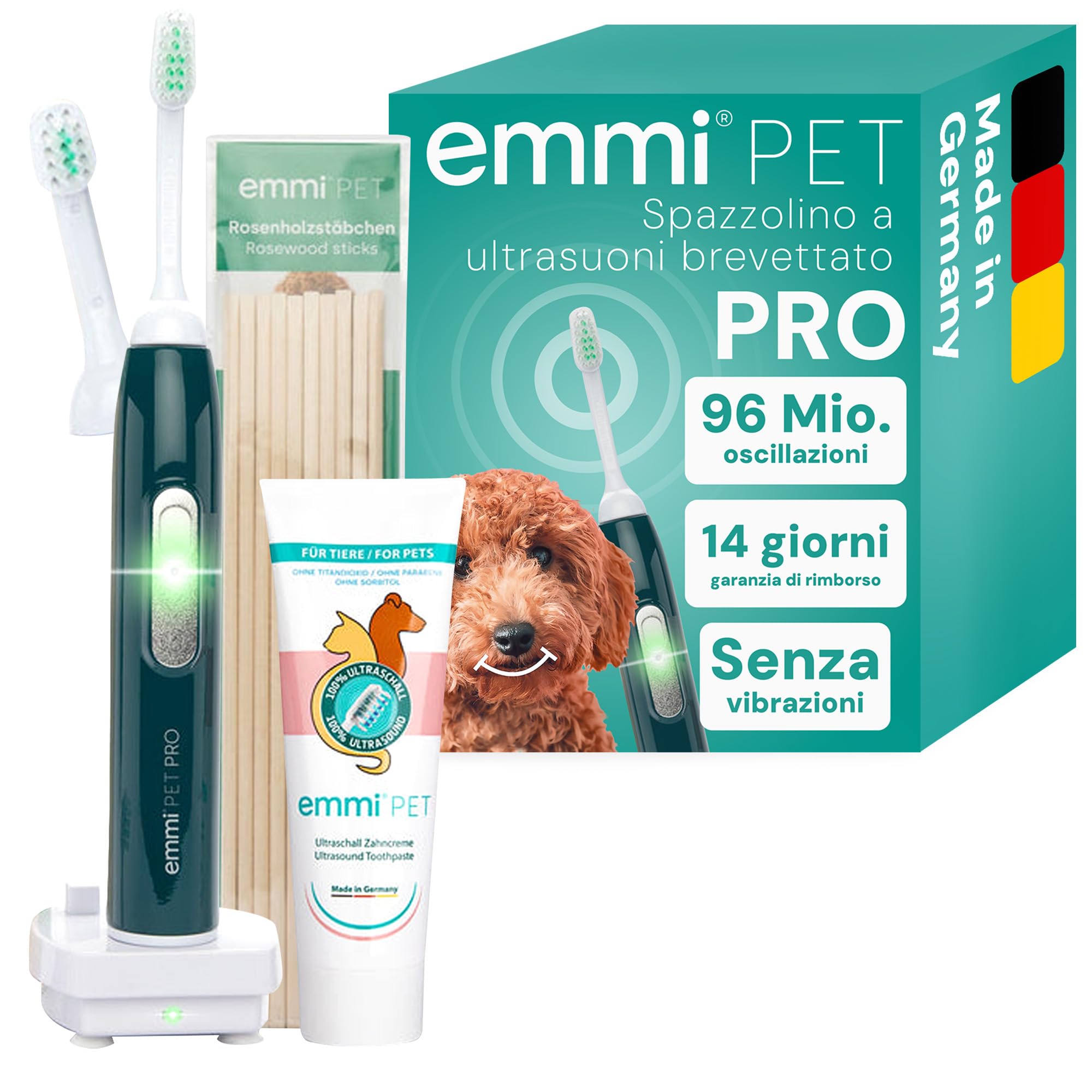 emmi-pet PRO Spazzolino da denti ad ultrasuoni per cani – Spazzolino da denti per cani e gatti senza strofinare con 96 milioni di vibrazioni, durata della batteria 12 giorni – contro l'infiammazione