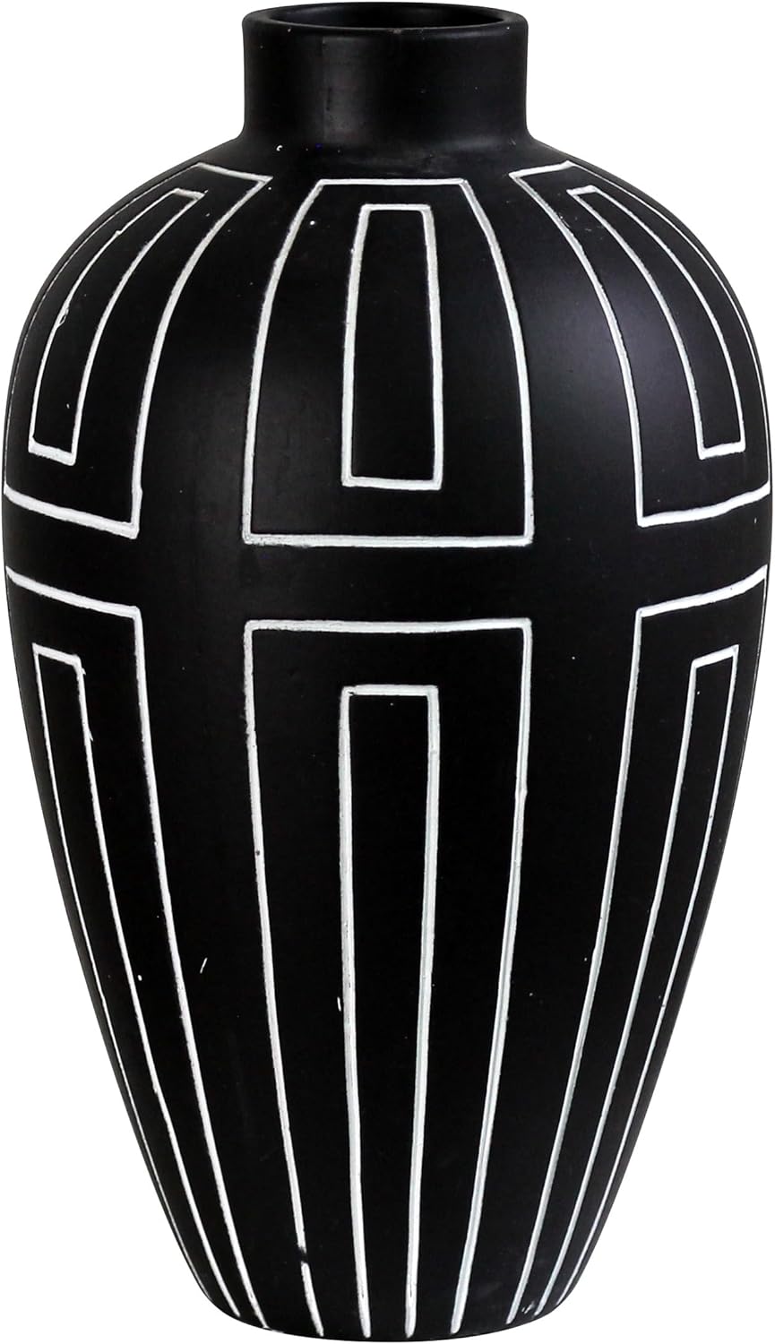 Olly & Rose Nile Charocal with Etched White Lines Ceramic Vase - 20 x 20 x 34.5cm Large Flower Vase Contemporary Home and Table Décor