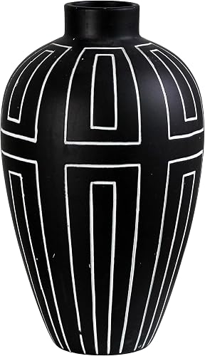 Olly & Rose Nile Charocal with Etched White Lines Ceramic Vase - 20 x 20 x 34.5cm Large Flower Vase Contemporary Home and Table Décor