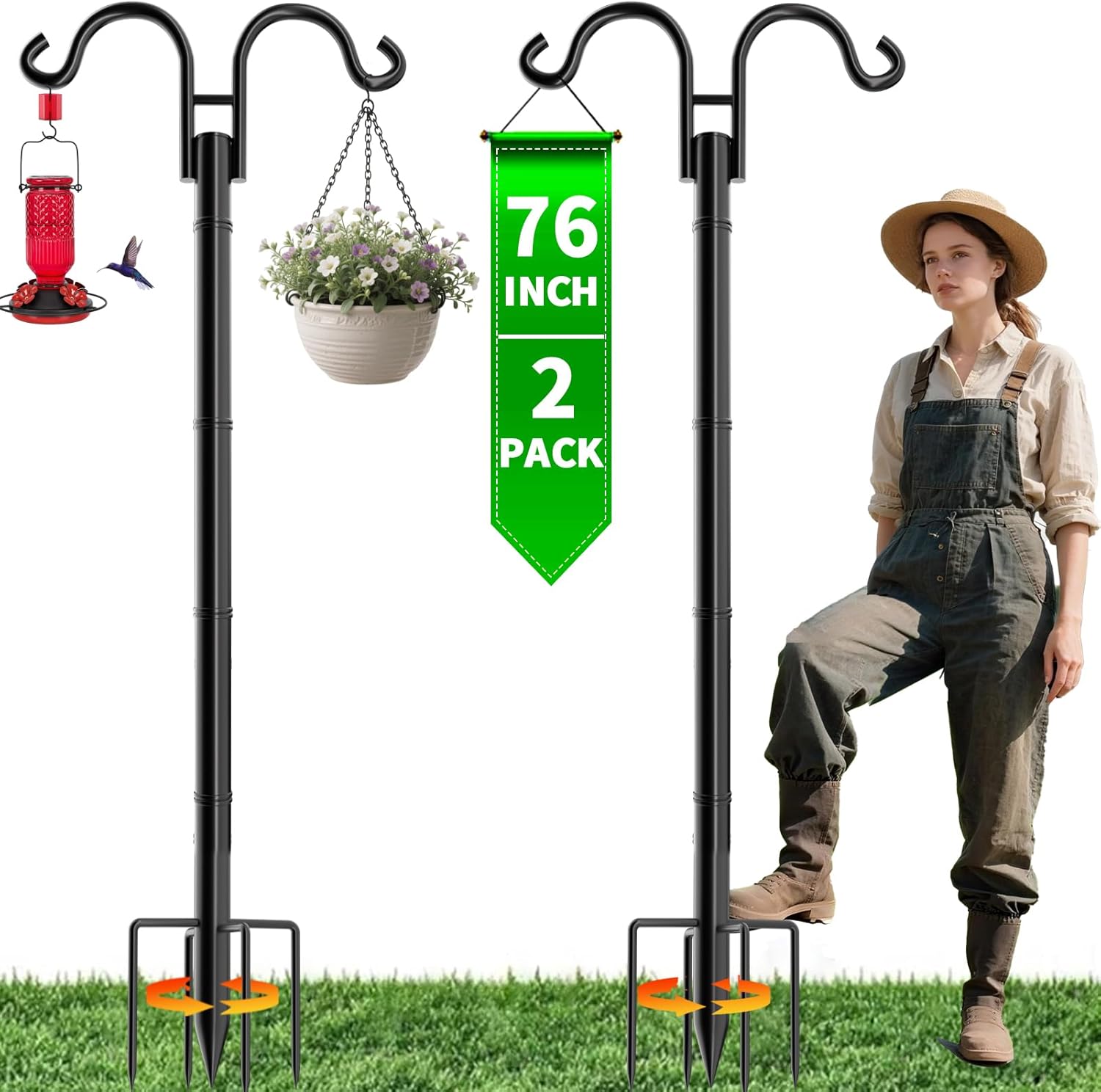 BEAU JARDIN Shepherd Hook 48 Inch 5 Pack One Piece + Double Shepherds Hooks for Outdoor 76Inch 2 Pack