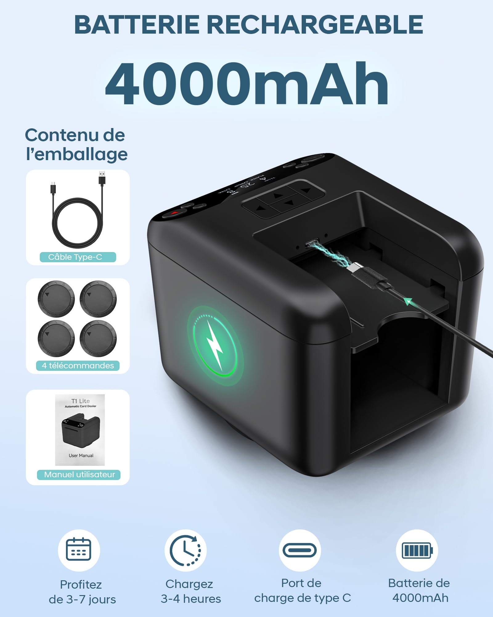Distributeur de Cartes Automatique – Rotation 180°/360° pour 1–3 Jeux, 2–12 Joueurs avec 4 Télécommandes | Modes de Jeu Intégrés, Rechargeable & Silencieux pour Poker, Blackjack, Texas Holdem, UNO