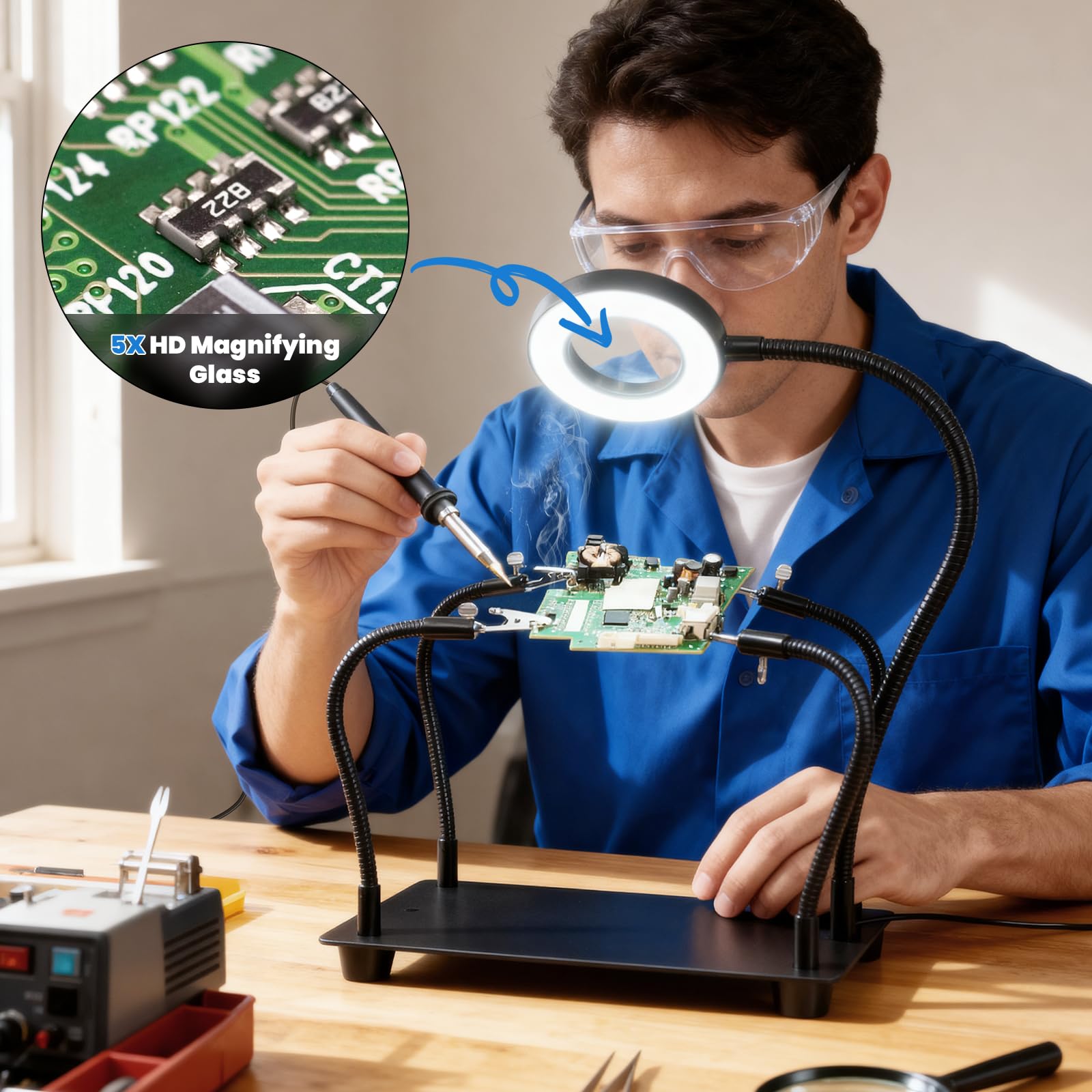 ELMCONFIG - Stazione di saldatura Helping Hands con lente d'ingrandimento 5X e luce, supporto per circuiti stampati in metallo con 4 bracci flessibili in metallo per saldatura, montaggio, riparazione