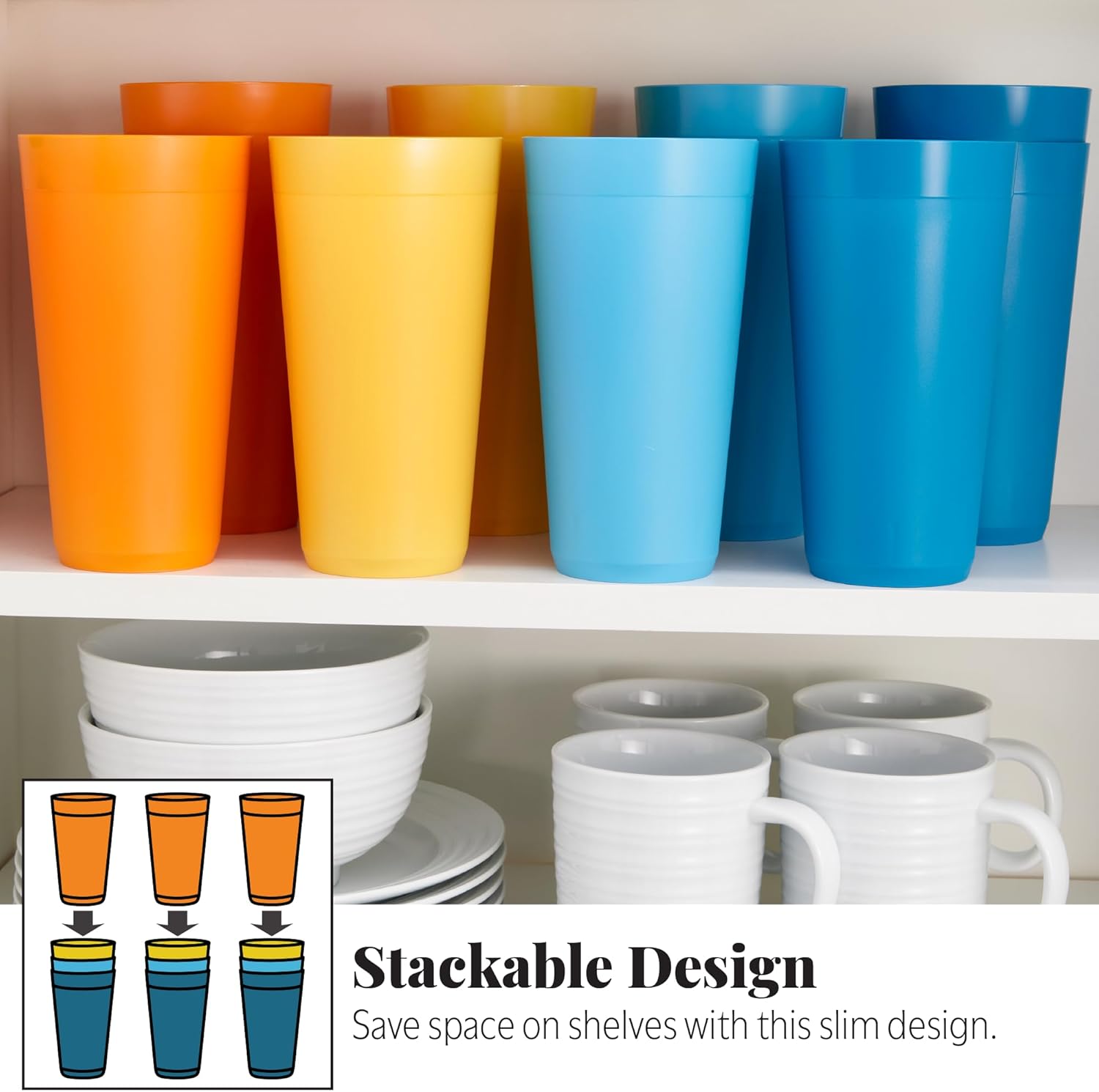 US Acrylic Newport 32 ounce Unbreakable Plastic Stackable Iced-Tea Tumblers in 4 Sunrise Colors | Set of 12 Drinking Cups | Reusable, BPA-free, Made in the USA, Top-rack Dishwasher and Microwave Safe - Image 6