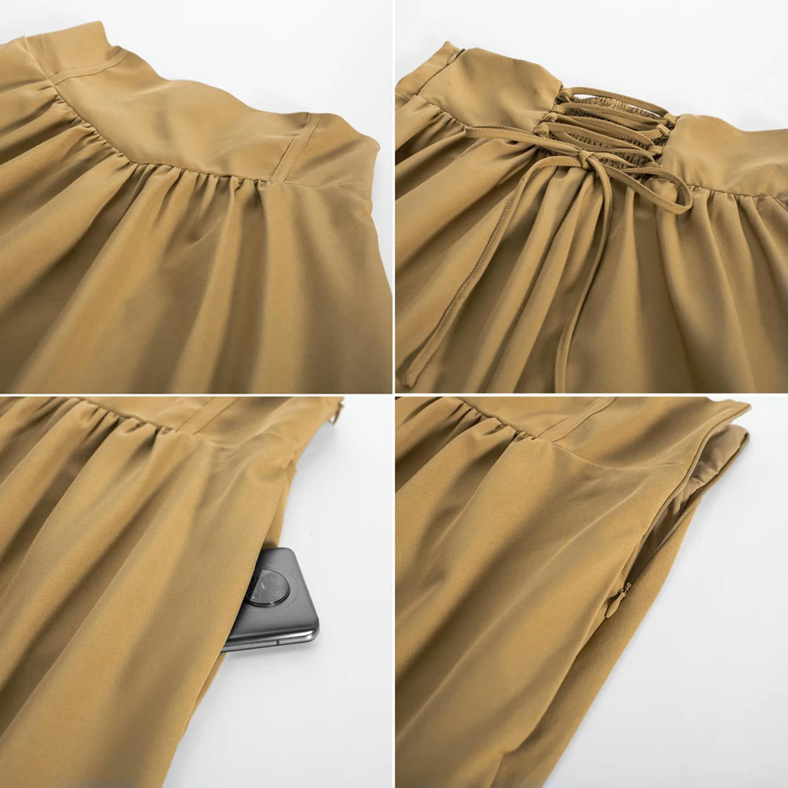 Gonna Lunga Donna Gonna Maxi Gonna Rinascimentale Femminile Elastica Gonna Oscillante in Vita Alta con Gonne Tasche Causali Estivi per Donne-Marrone-XL