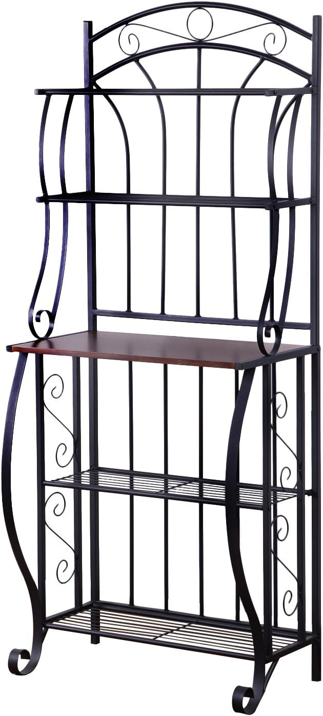 Joveco Black Metal Frame Baker's Rack with 5 Shelves - Dark Brown Wood Board Shelves