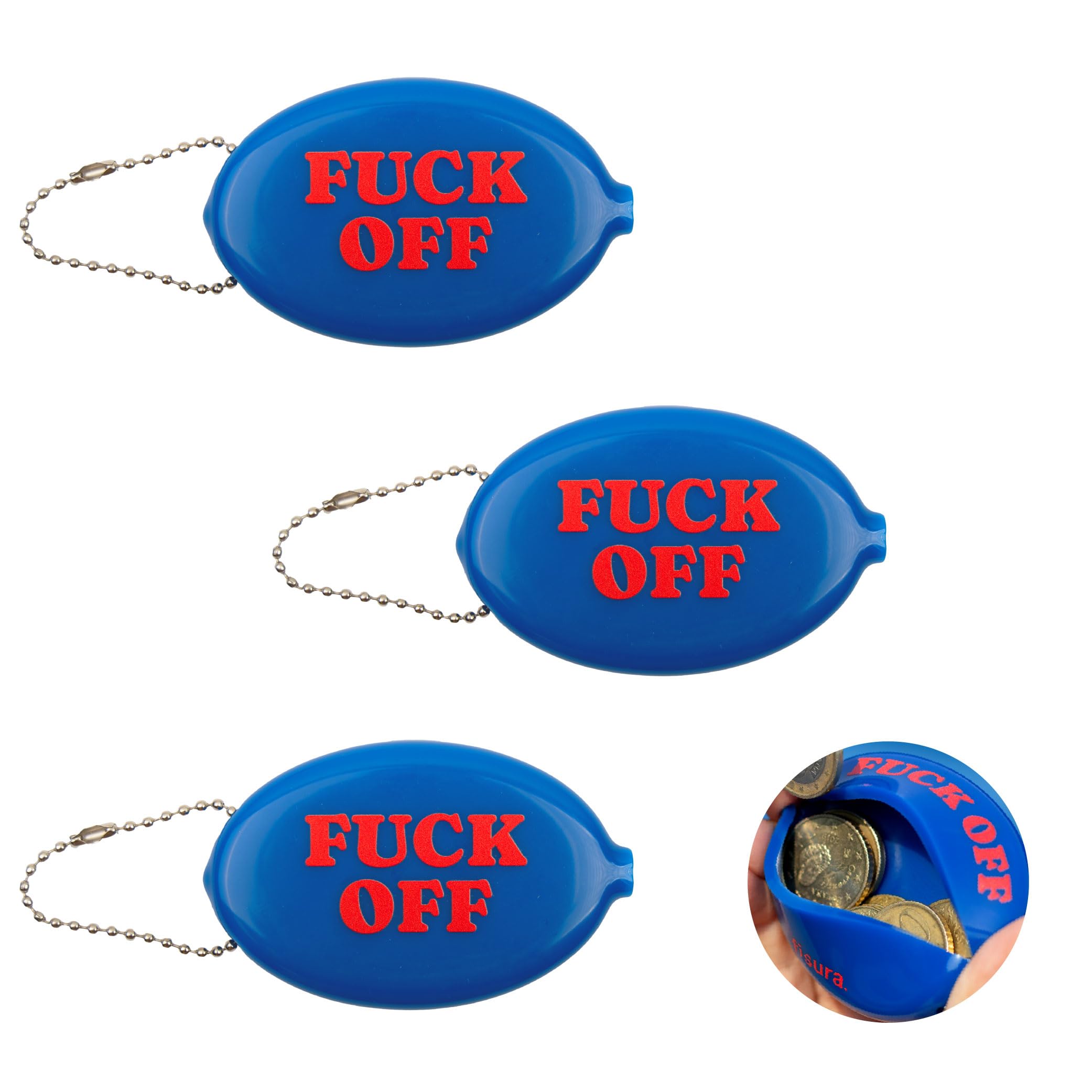 Fisura Oval Rubber Coin Purse F*CK Off Dark Blue Retro Coin Purse with Chain Small Pocket Wallet Unisex Gift Wallet 3 Pack