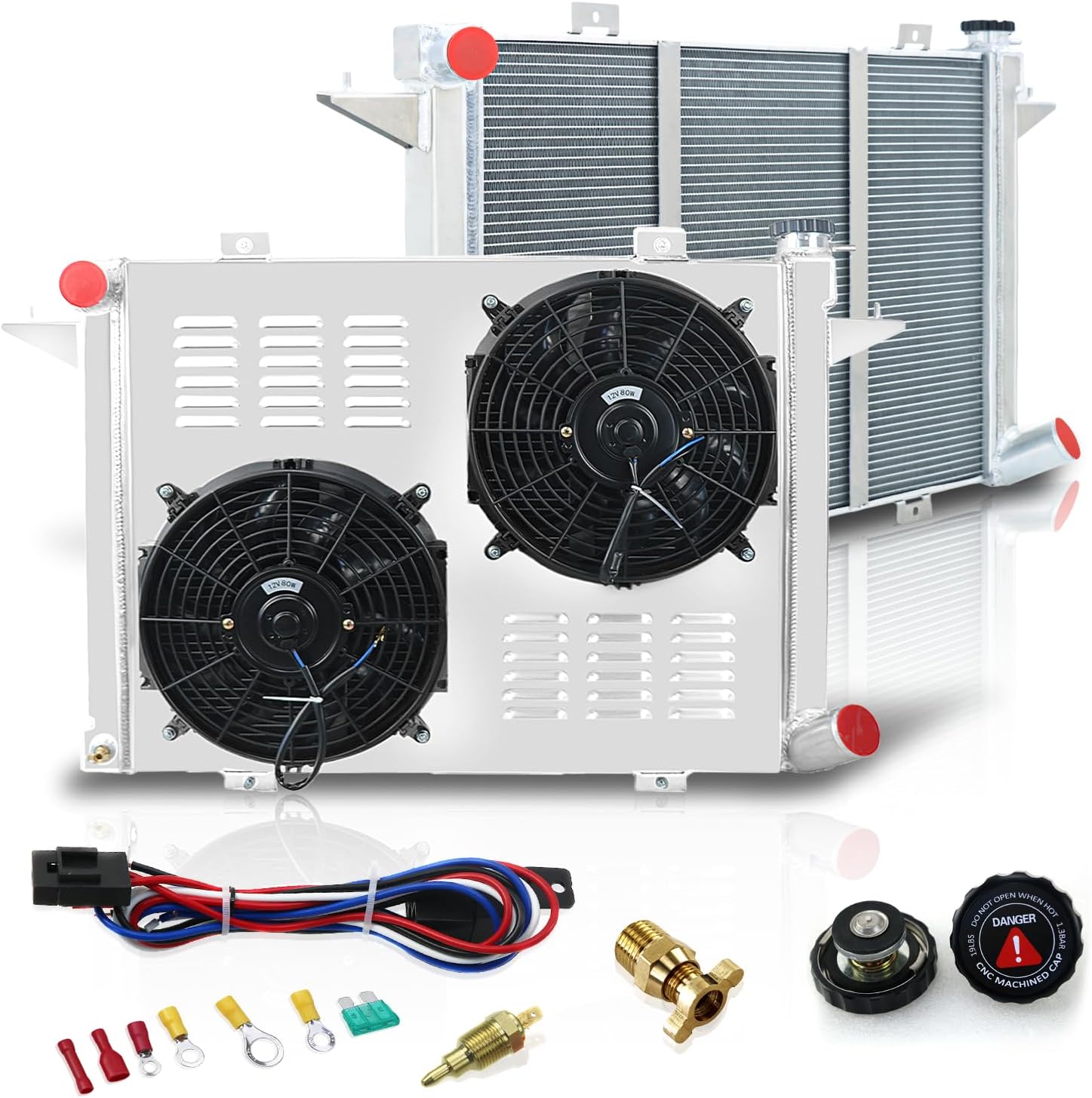 3 Row Core Aluminum CU1198 Radiator + 2 x 14" Fan Shroud + Thermostat Relay Kit Compatible with 1989-1993 1990 1991 1992 Dodge D250 D350 W250 W350 Ramcharger 5.2L 5.9L Diesel Turbo Cummins