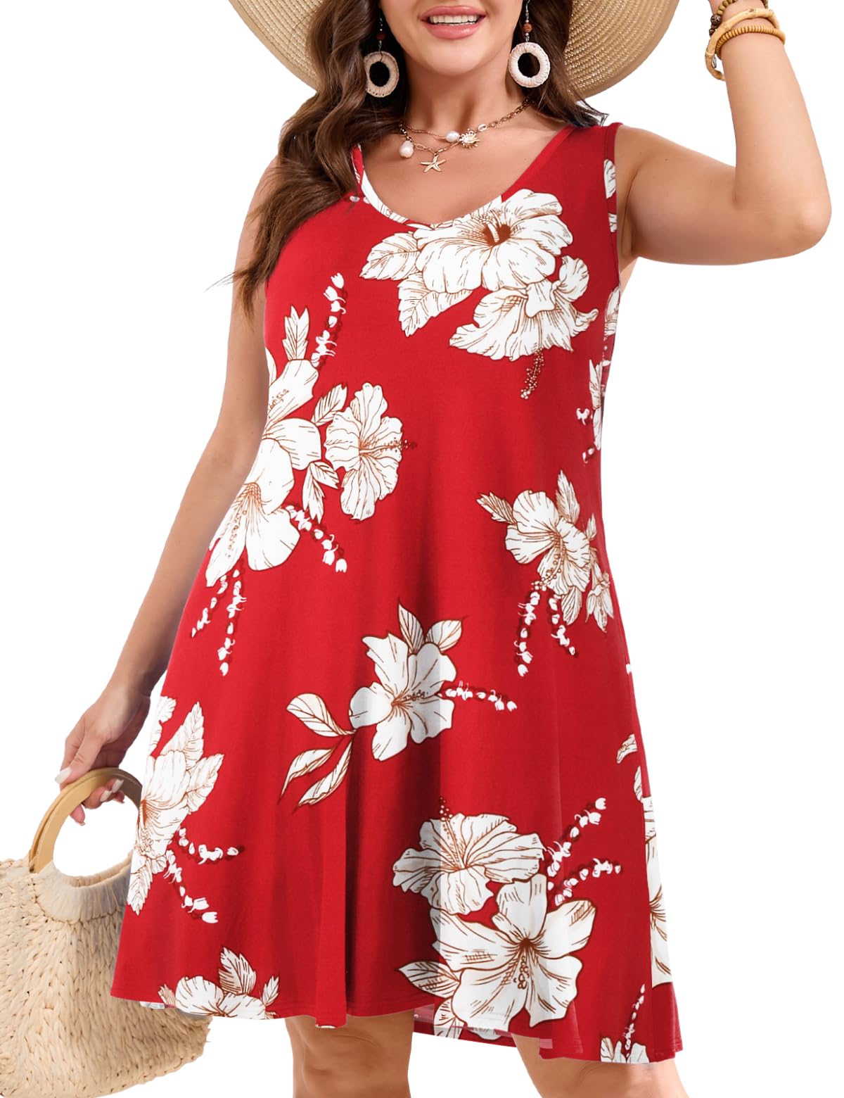 JollieLovin Women Plus Size Curvy Summer Tank Sun Dresses Sleeveless Causal T-Shirt Dress Beach Swing Cover up(L-5X)