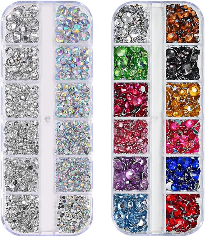 2 Boxes Flat Back Round Rhinestones Colorful Clear Diamond Face Gems Flatback Hair Body Gemstones Eye Makeup Crystals Nail Art Jewels with Wax Picker Pencil and Tweezers Rave Accessories for Women