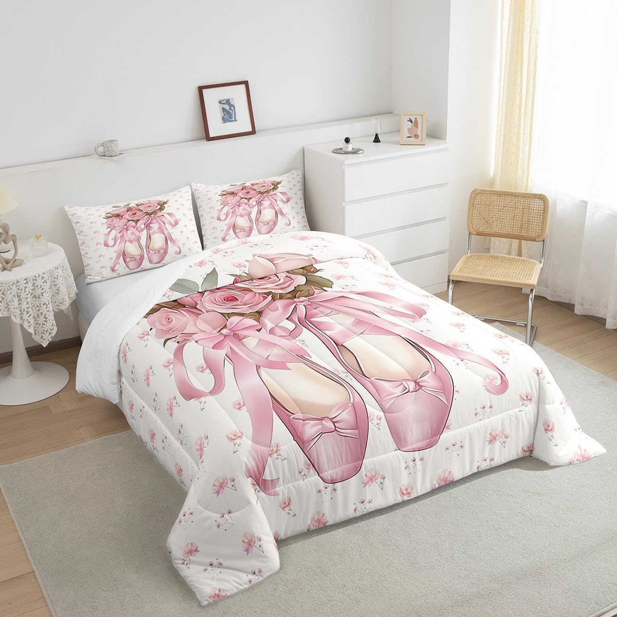 Feelyou Ballet Comforter Set for Kids Boys Girls Ballerinas Comforter Ballet Shoes Pink Ballerina Rose Floral Flower Bedding Set Twin Size Bedroom Decor Princess Duvet Set Quilt Set 2Pcs