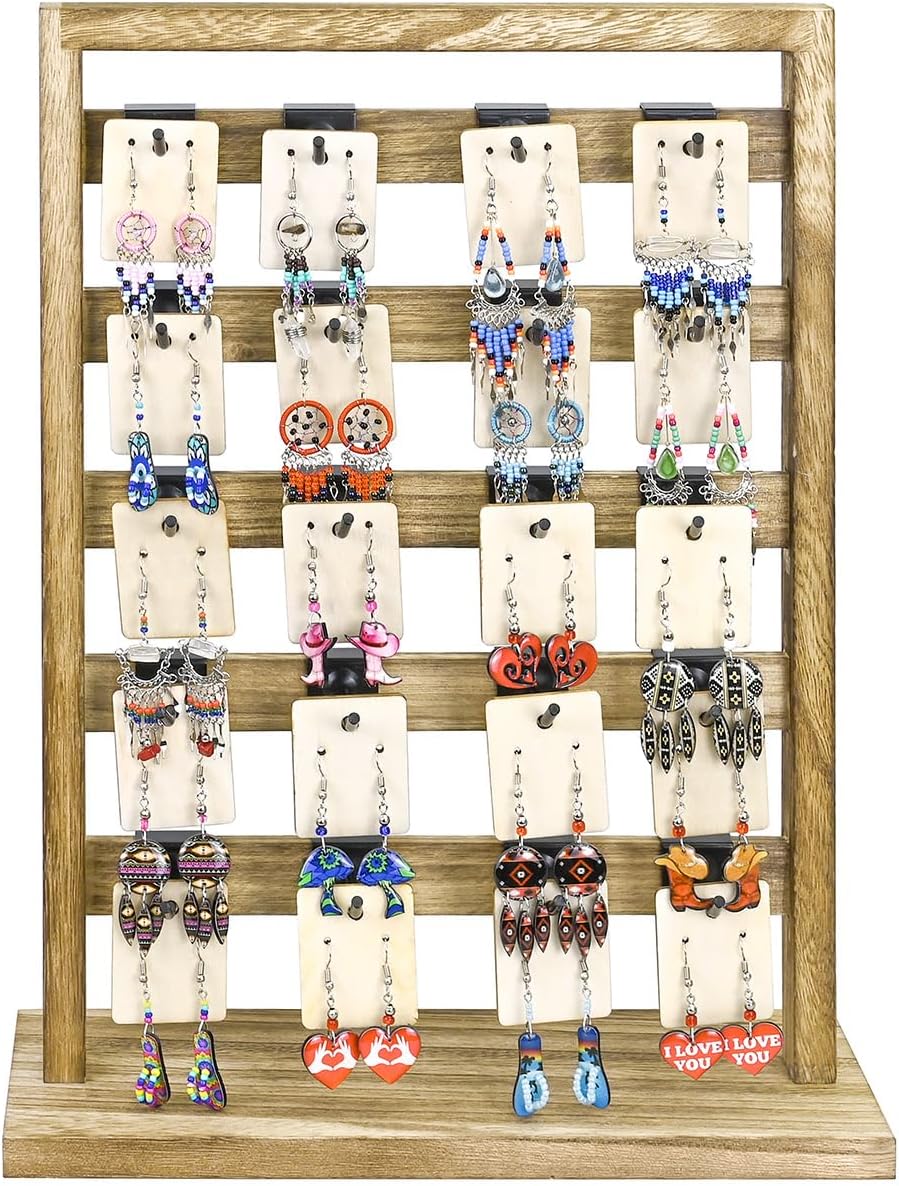Ikee Design Wooden Jewelry Display Rack with 20 Removable Metal Hooks, Earring Card Display Holder Stand for Earring Cards, Necklaces, Bracelet, Keychain Stand, Oak Color - Image 3