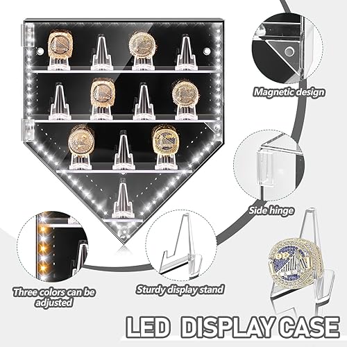 Miniatura 10 de Remuuly Vitrina para anillo de campeonato, 12 postes de anillo, soporte para anillo de béisbol, baloncesto, softbol, caja de exhibición con puerta