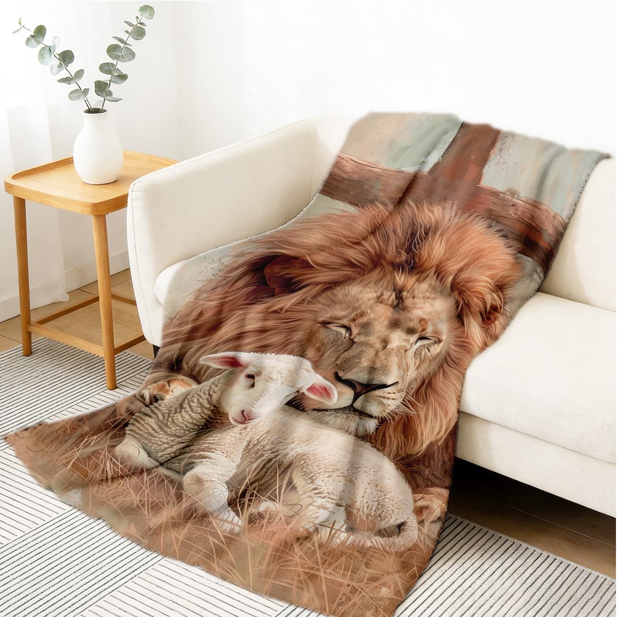 Lion and Lamb Throw Blanket Soft Flannel Christian Blanket for Bed Chair Couch Christian Decor Gifts for Women Men Adults 49"x59"