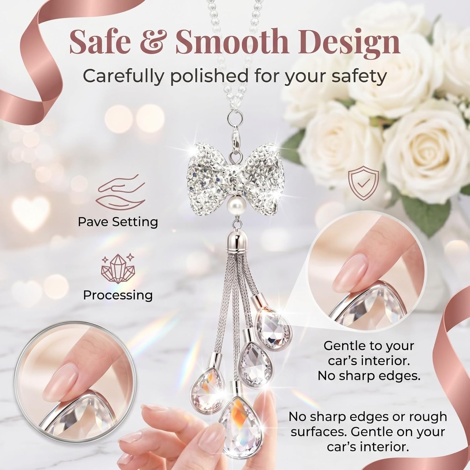Bling Car Rear View Mirror Accessories, Cute Crystal Bowknot Teardrop Rear View Mirror Charms, Interior Hanging Pendant Decoration, Lucky Hanging Accessories for Women (White) image 3