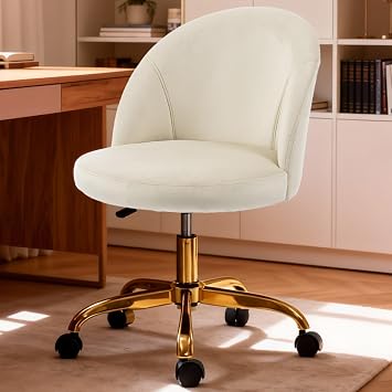 Pink Vanity Desk Chair Comfy with Back and Wheels,Velvet Rolling Office Chair for Vanity Makeup Room,Height Adjustable,360 Swivel White