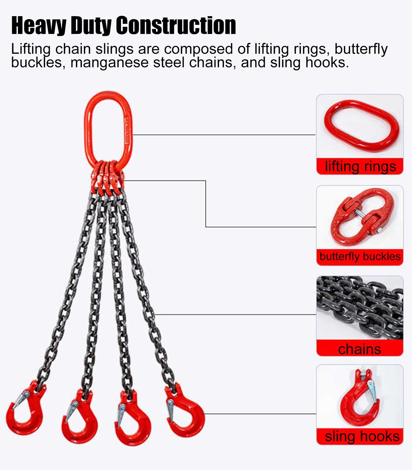 Catena a 4 gambe regolabile da 0,9 m con gancio a benna – versatile imbracatura di sollevamento a 4 vie per paranco motore, capacità di carico di 530 cm, ideale per sollevamento pesante