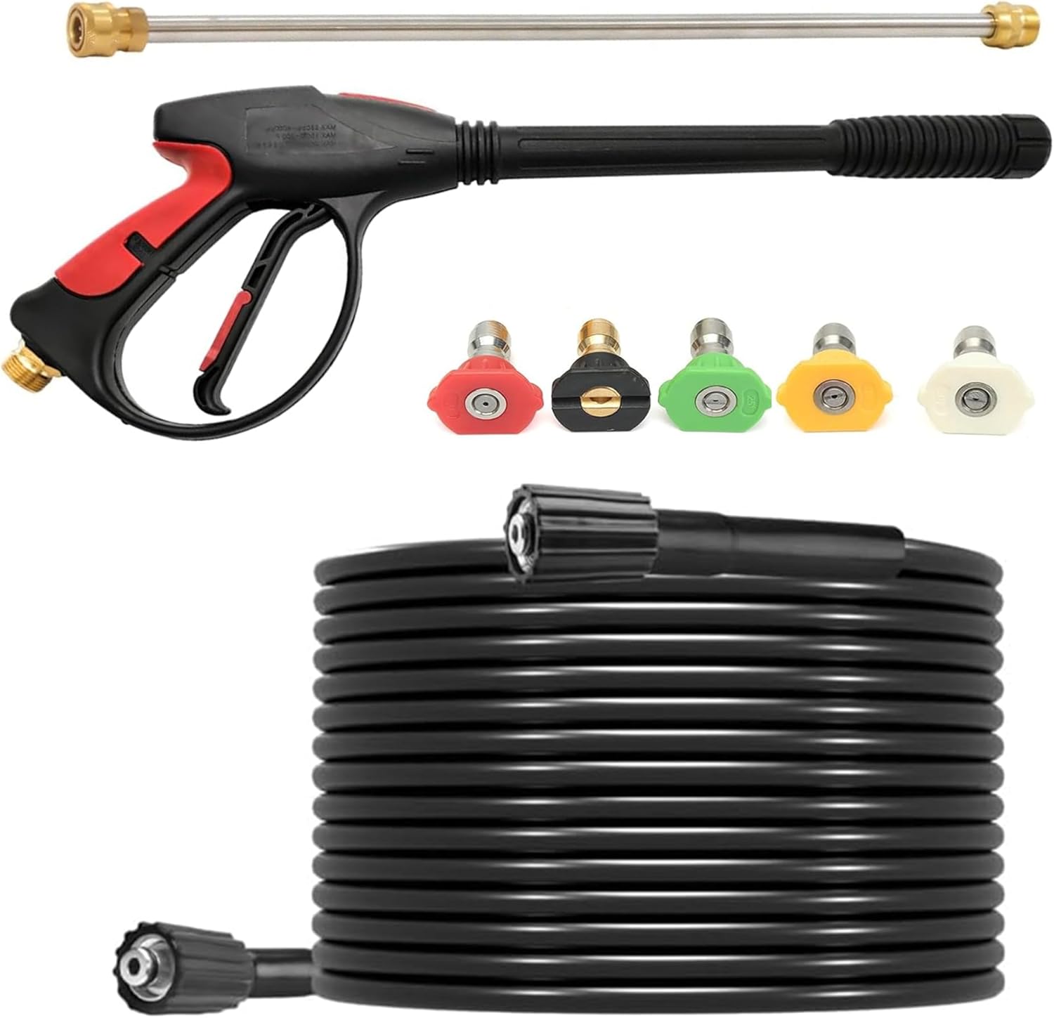 26FT Power Pressure Washer Hose and Gun and Extension Wand Kit for Gas & Electric Pressure Washers, 40 Inch Adjustable Length Washer Gun, M22 Fitting Hose, 5 Nozzle Tips