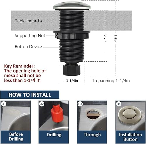 Miniatura 46 de Kit de interruptor de aire para triturar basura, parte superior del fregadero, acero inoxidable, níquel cepillado, encendido/apagado, botón de aire