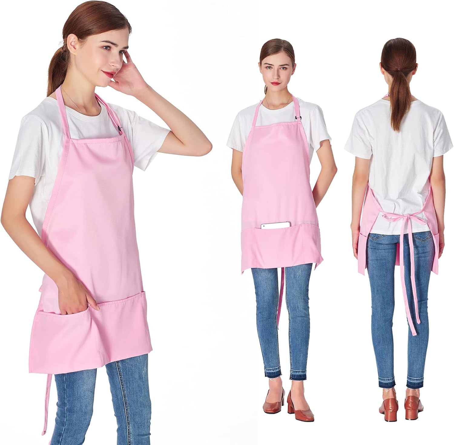 Jubatus 2 Pack 3 Pockets Adjustable Bib Apron Chef Kitchen Cooking Aprons for Women Men, Pink - Image 3
