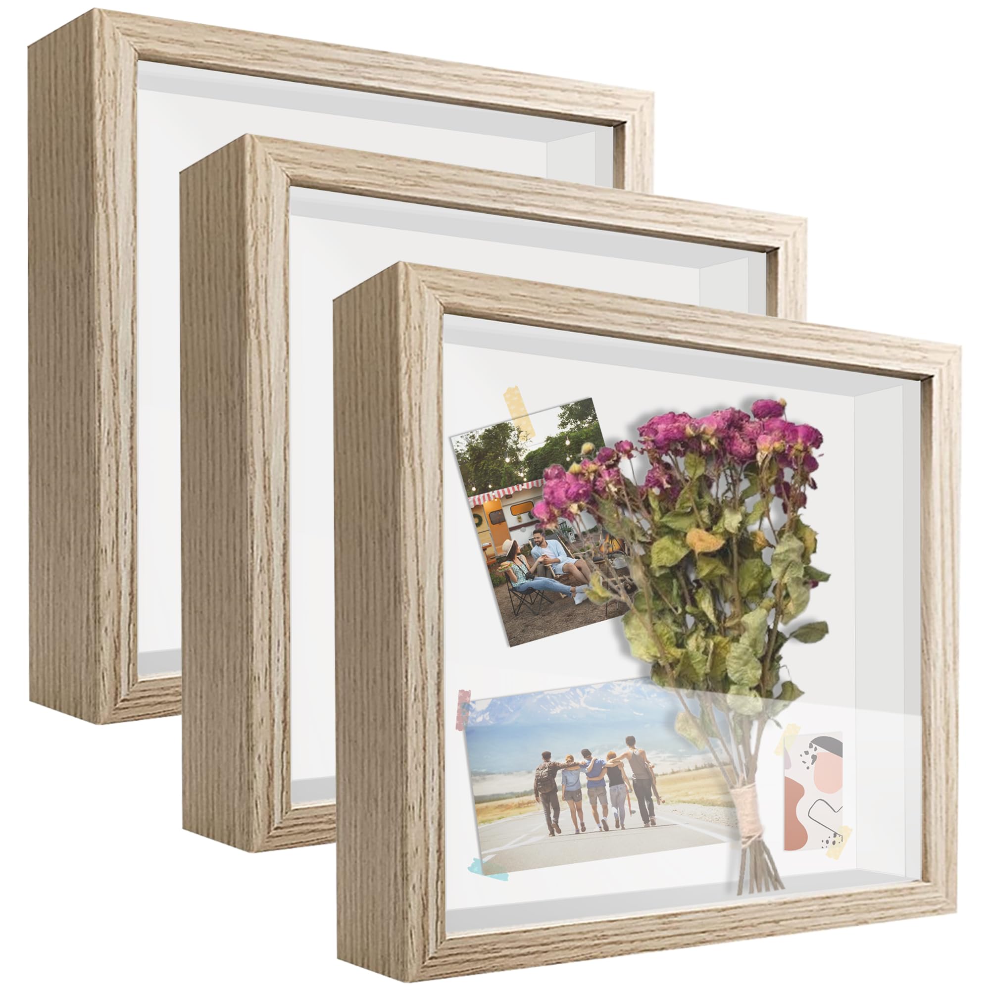 Lot de 3 cadres photo 3D en acrylique pour souvenirs, travaux manuels, billets et photos (20,3 x 20,3 cm, bois clair)