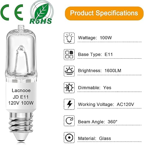 Miniatura 3 de JDE11 - Bombillas halógenas de 120 V 100 W (bombilla LED E11 de reemplazo), base de candelabro T4, bombilla JD E11 de 2700 K blanco cálido regulable
