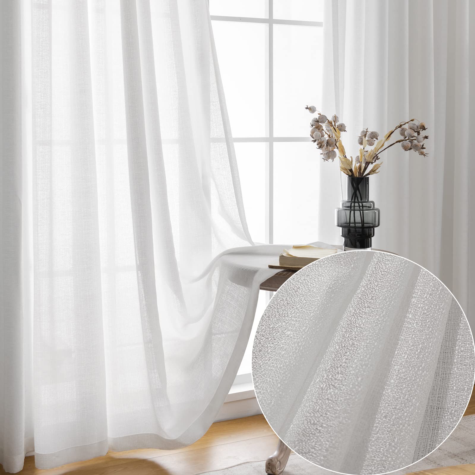 Ftinala Light Filtering Curtains Shiny Linen Textured White Curtains