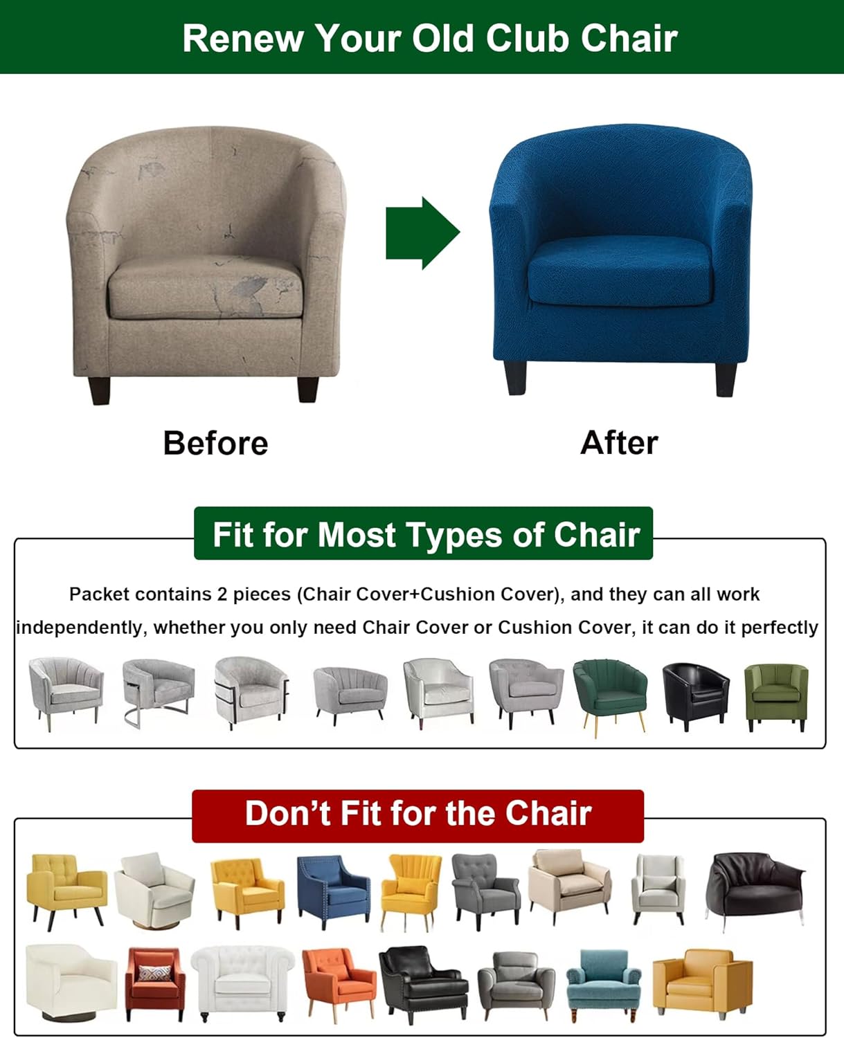 CRFATOP 2 Piece Club Chair Slipcover Stretch Barrel Chair Covers Jacquard Tub Chair Slipcovers Soft Armchair Sofa Cover Removable Couch Furniture Protector Arm Chair Cover for Living Room,F13