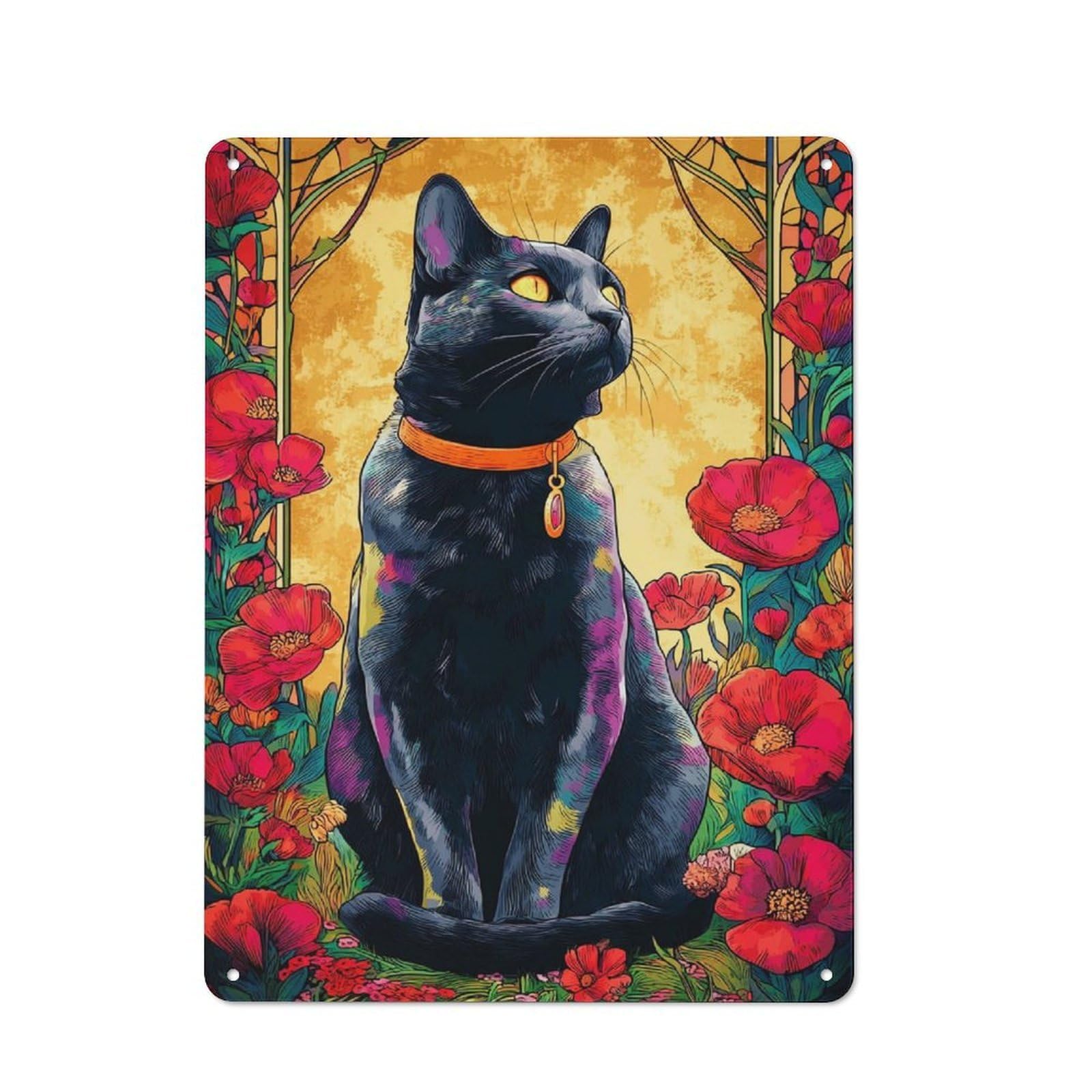Junmoney Colorful Cat Amidst Flowers -3 Industrial Tin Sign 40X30cm, Garage Wall Decor For Garage, Hobby Room, Office Or Man Cave