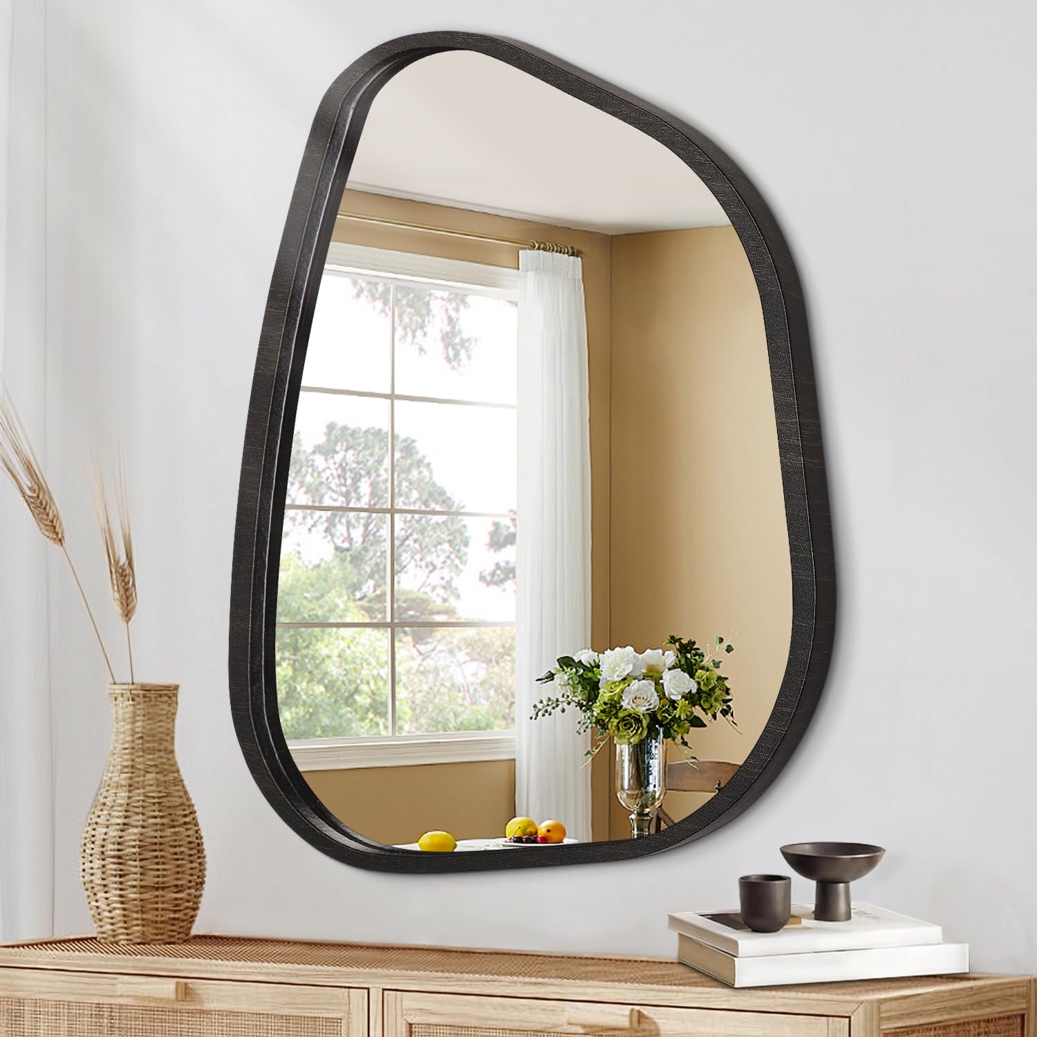 HLFMVWE Irregular Wall Mirror Asymmetrical Modern Wooden Framed Unique Hanging Mirror Decor Bathroom Vanity Bedroom Living Room Entryway Hallway 65x45CM