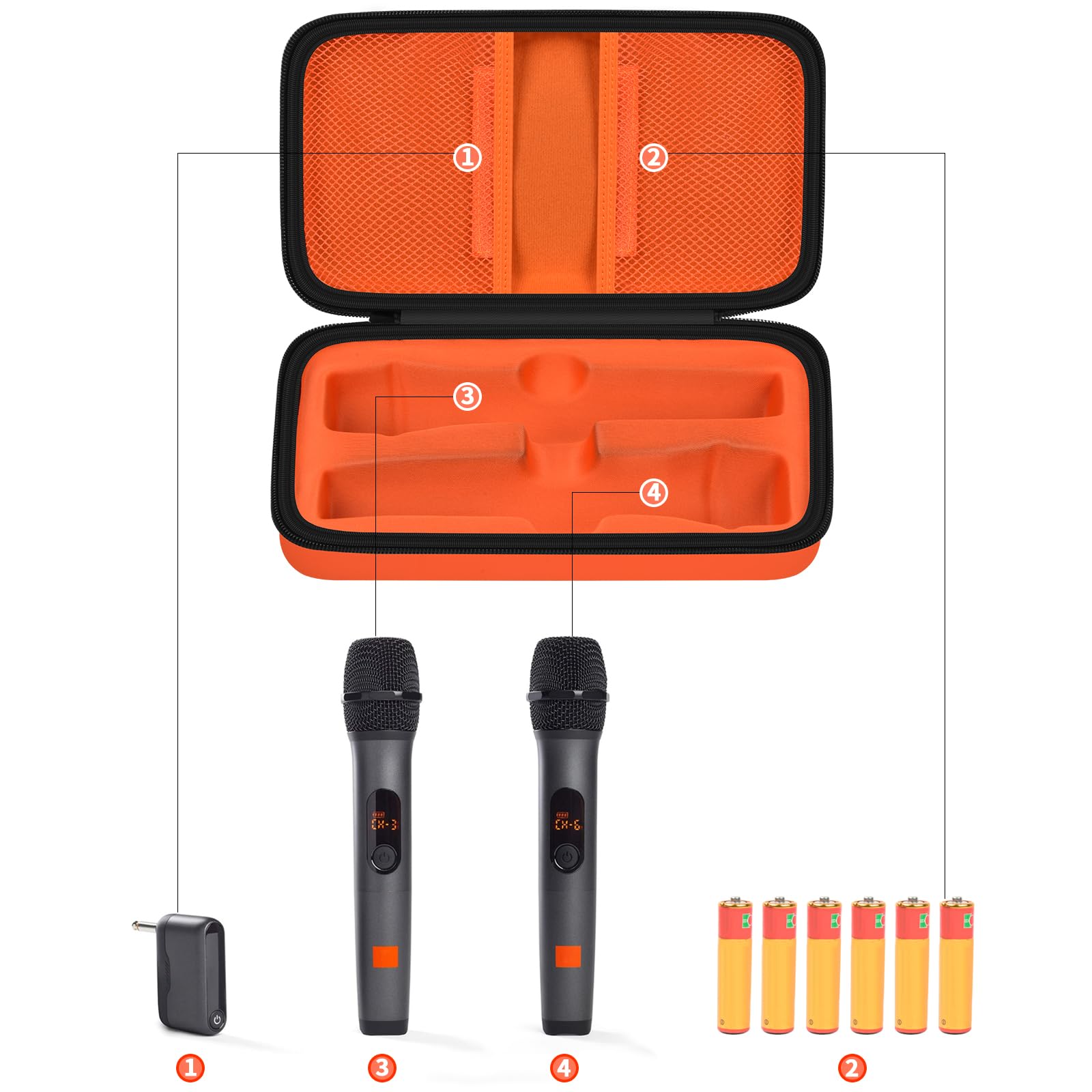 Kabelloses Mikrofongehäuse Kompatibel mit JBL Wireless Two Mikrofon System, Handheld Dual Mic Reisetasche zum Singen oder Karaoke für Empfänger, Adapter, AA Batterien-Schwarz (Nur Box) (orange)