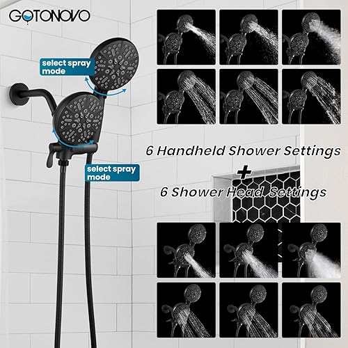 Miniatura 5 de gotonovo Juego de grifo de ducha 2 en 1, cabezal de ducha doble y mango con boquilla de bañera, 6 ajustes, cabezal de ducha de mano y kit de