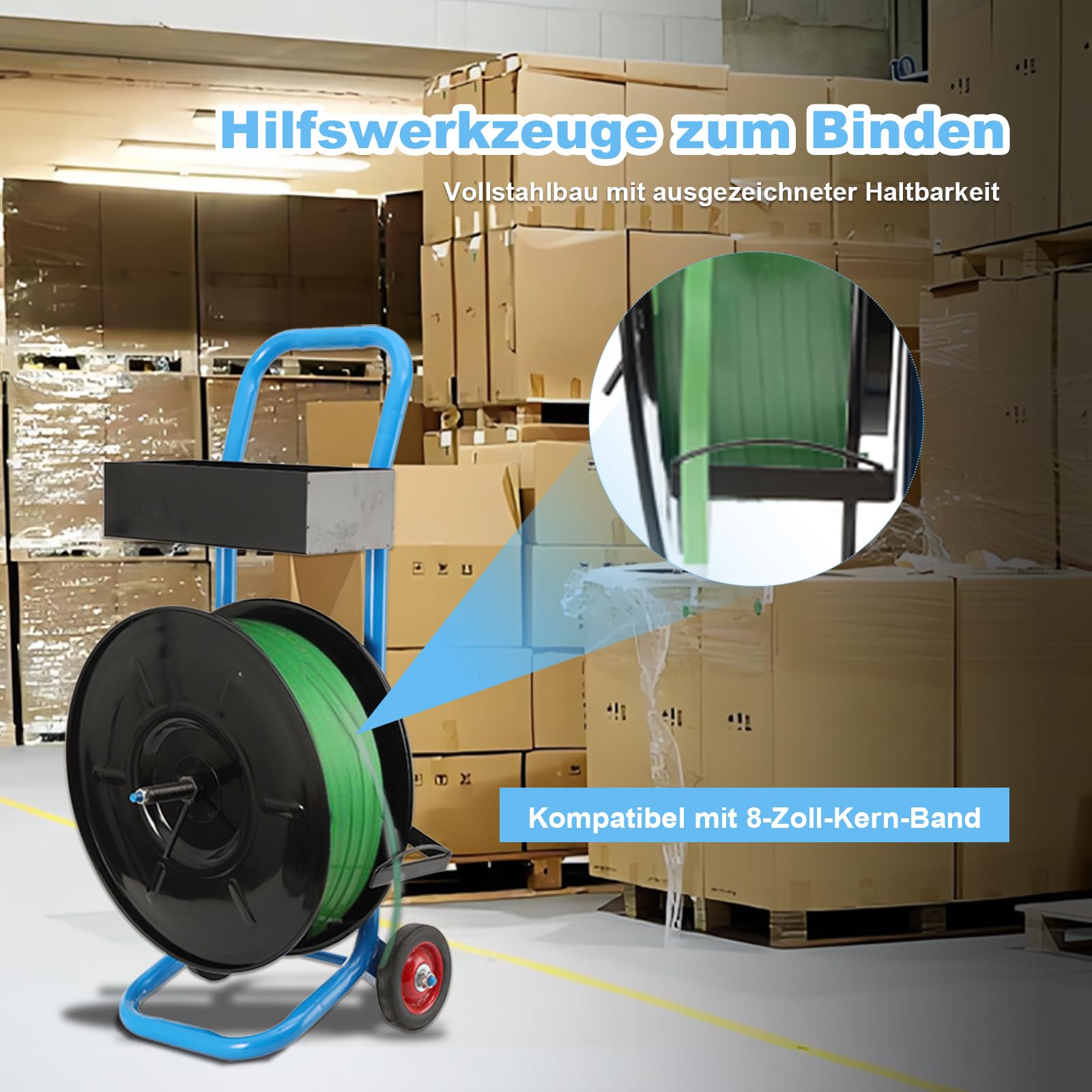 Abrollwagen für PET-/PP-/Faser-Umreifungsband mit 203 mm Kern, robuster Profi Umreifungsspender, fahrbarer Umreifungswagen Abroller umreifungsgerät mit Anti-Rückzugsrollen, verbessertem Bremssystem