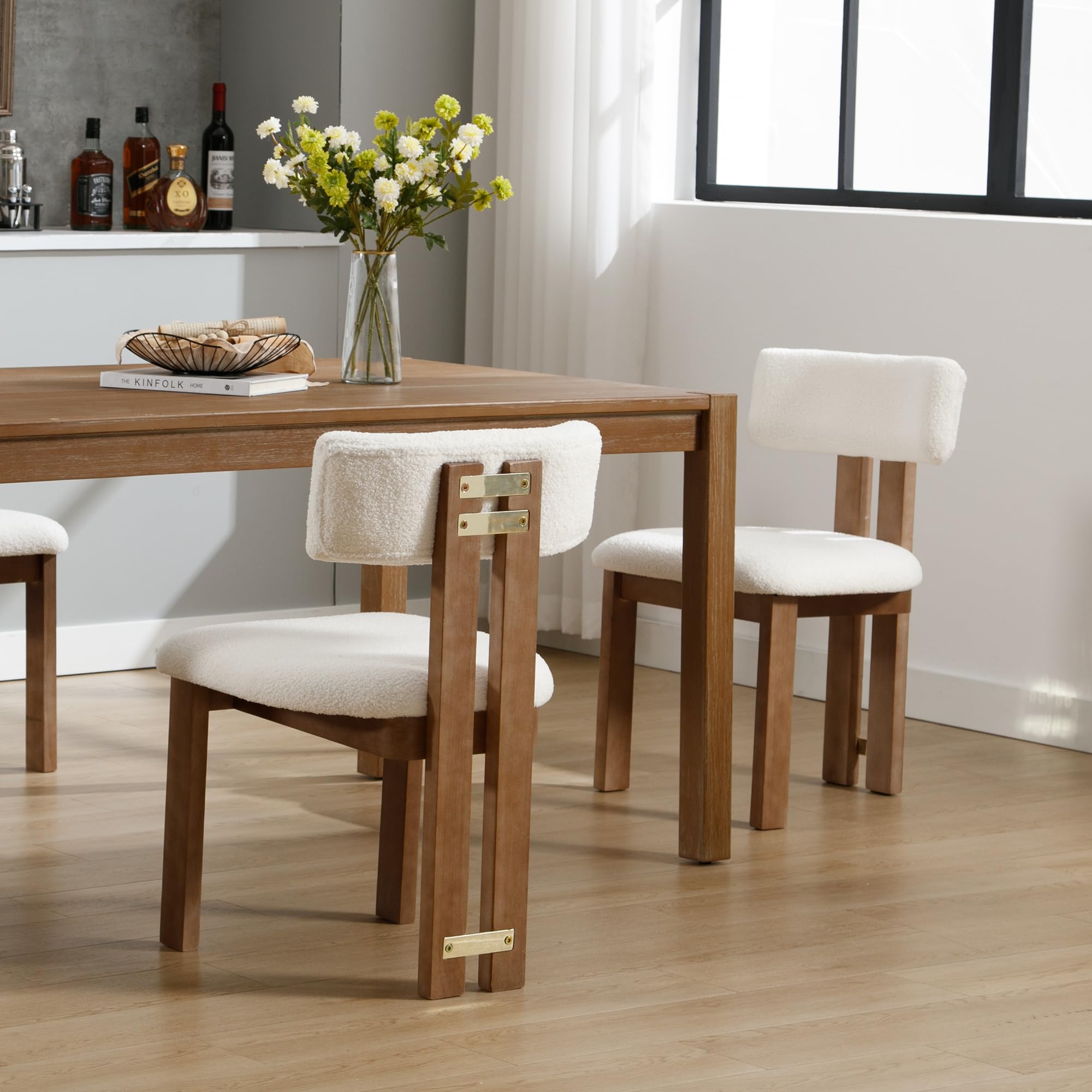 Wahson Boucle Dining Chairs Set of 2, Farmhouse Fabric Kitchen Chairs with Natural Hardwood Legs?Armless Upholstered Accent Chairs for Dining Room, White