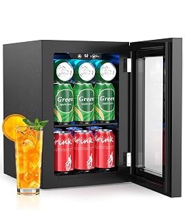 Kismile 18L Beverage Refrigerator Cooler, 24Can Mini Fridge with Glass Door, Quiet Compressor, Countertop Small Fridge with 40-61℉ Digital Electronic Temperature Control, LED Lgiht for Home and Bar - Amazon product rated Grade A