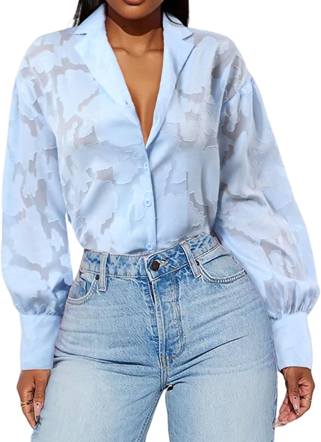acelyn Womens V Neck Long Sleeve Chiffon Blouse See Through Button Down Jacquard Shirt Casual Business Dressy Work Tops