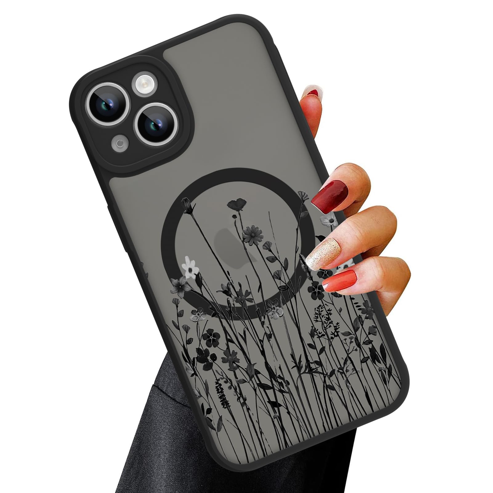 OOK Magnetic for iPhone 14 Plus Case Cute Floral Design for Women & Girls, [MagSafe Compatible] Slim Translucent Matte Black Cover, Camera Protection,