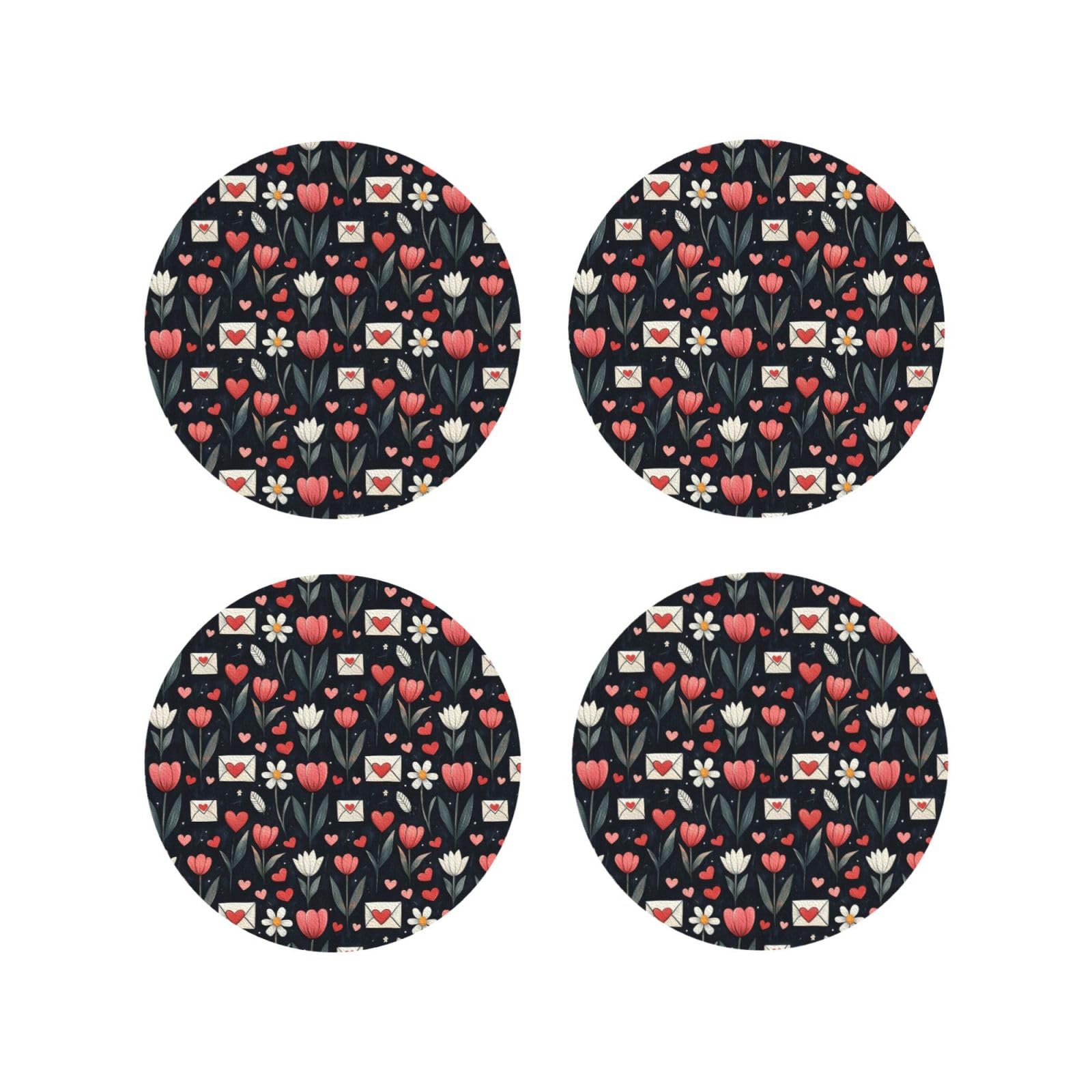 Leather Coasters Set of 4 - Floral Heart Envelope Print Lightweight Drink Coasters for Desk
